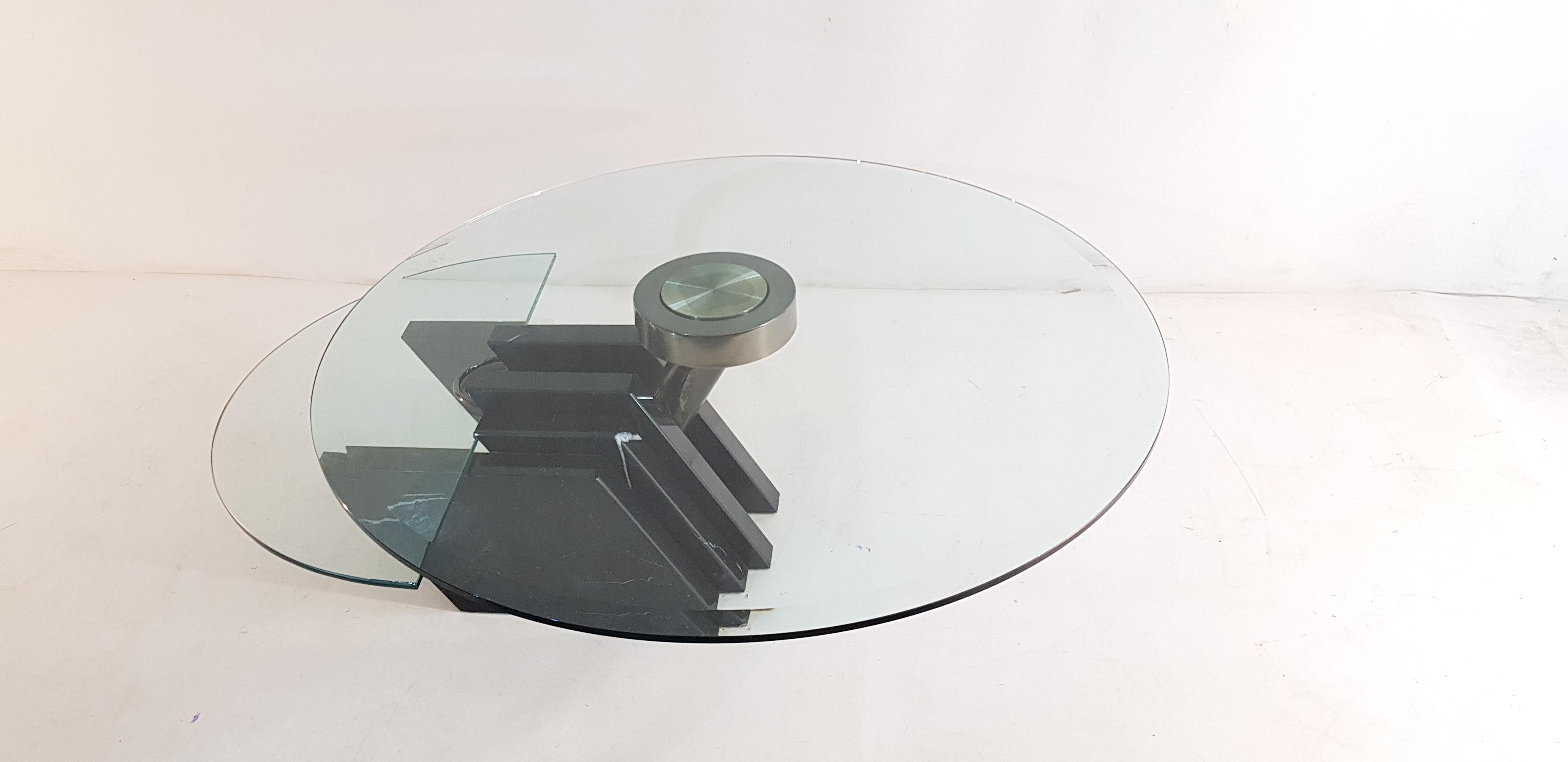 Italian Swivel Coffee Table in Black Marble and Glass Made in Italy