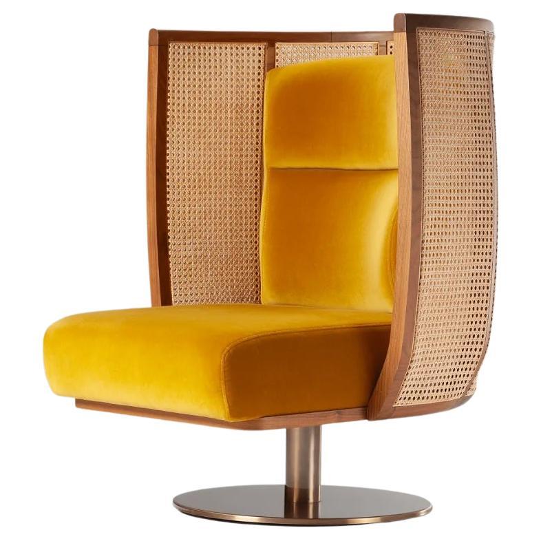 DOOQ Swivel Egoísta Armchair with Solid Walnut, Rattan and Yellow Velvet  For Sale