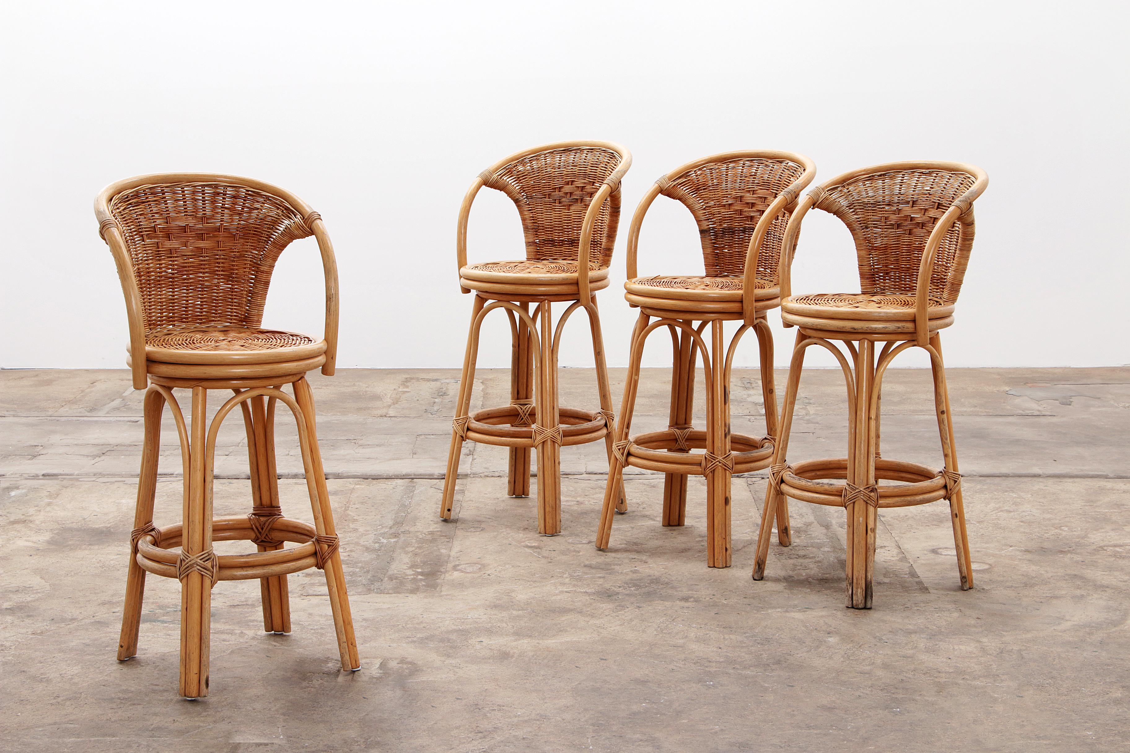 Mid-Century Modern Swivel French bar stools in bohemian style with bamboo frame For Sale