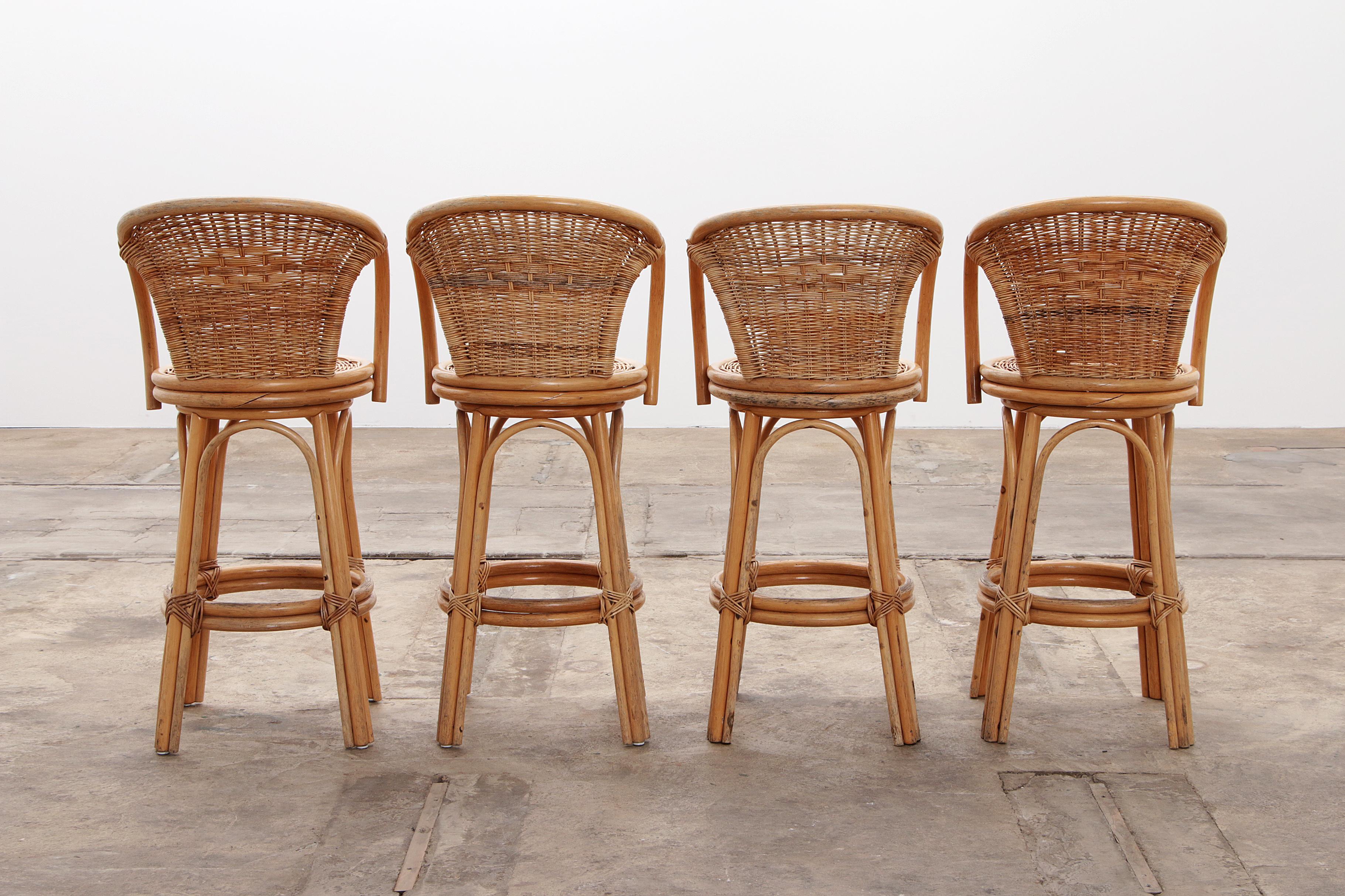 Mid-20th Century Swivel French bar stools in bohemian style with bamboo frame For Sale