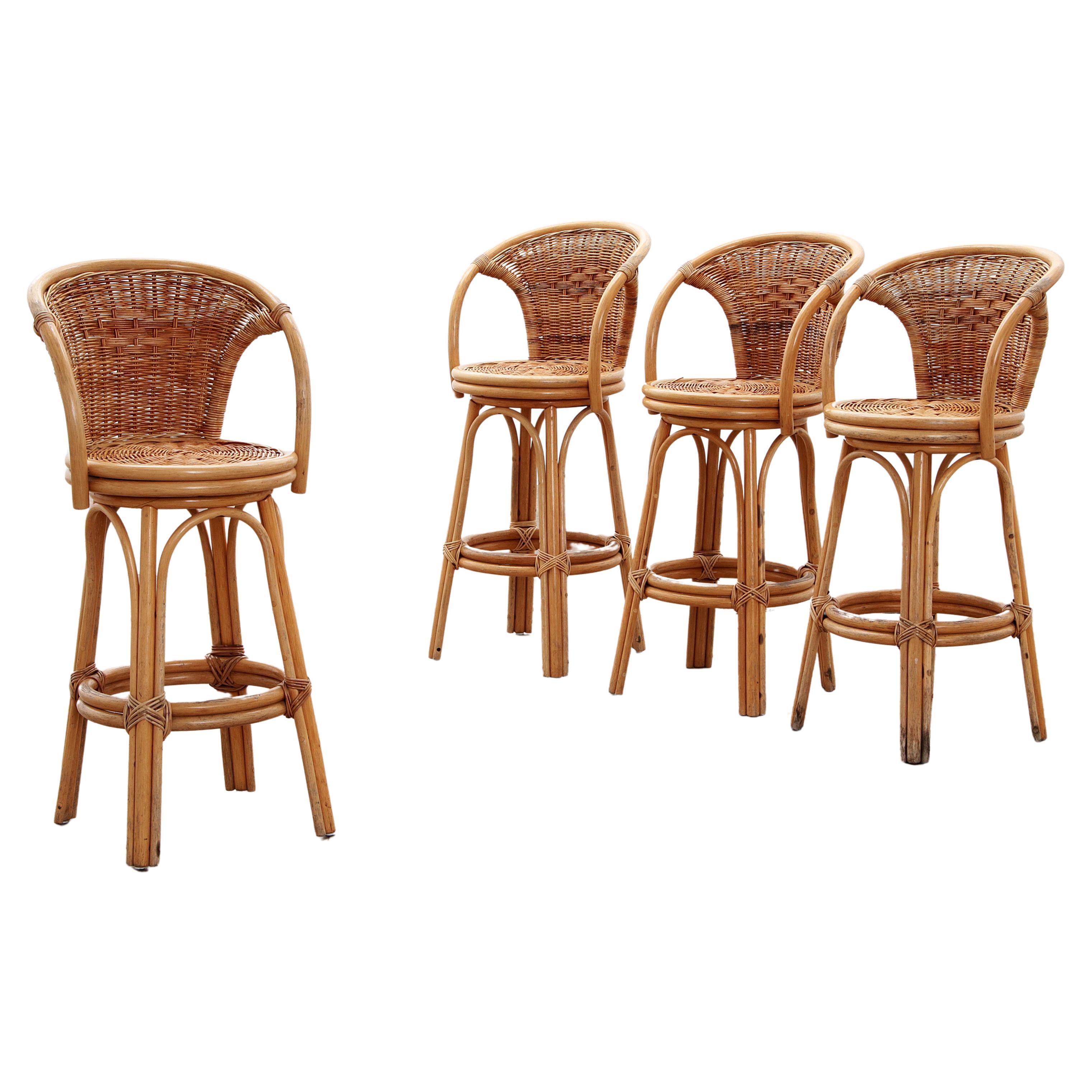 Swivel French bar stools in bohemian style with bamboo frame For Sale