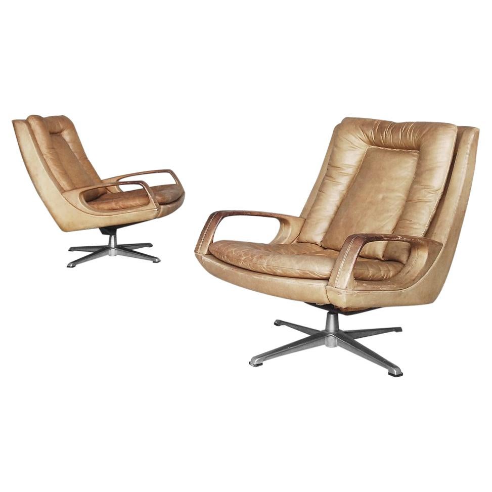 Swivel Leather Chairs by Carl Straub, 1950s, Set of Two For Sale