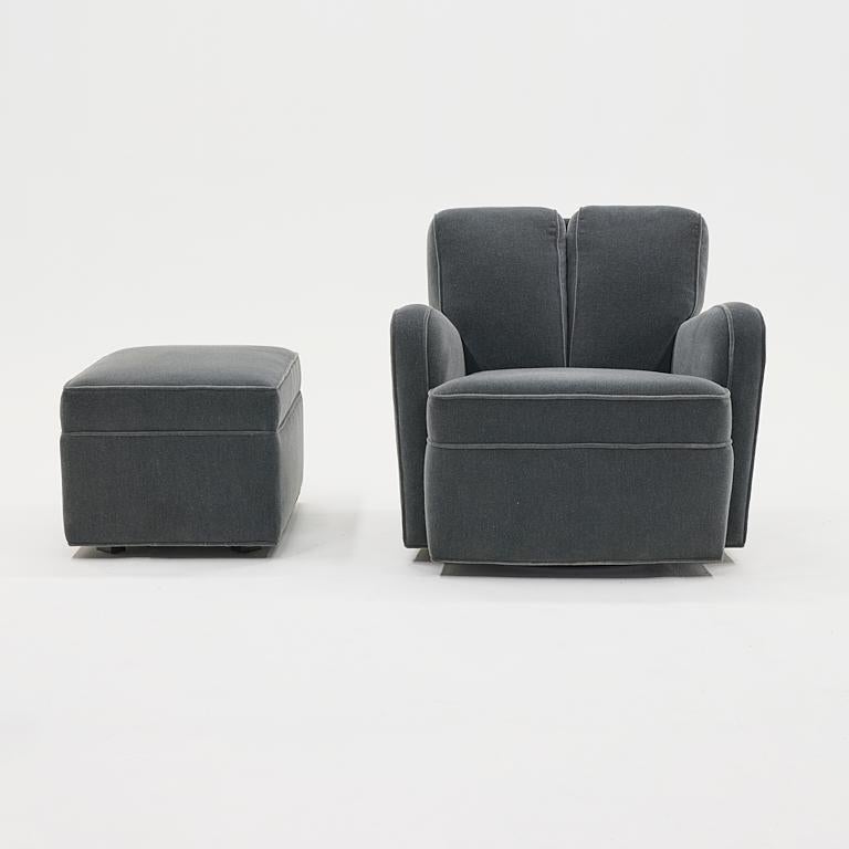 American Swivel Lounge Chair and Ottoman by Paul T. Frankl, 1940s. Gray Mohair Upholstery For Sale
