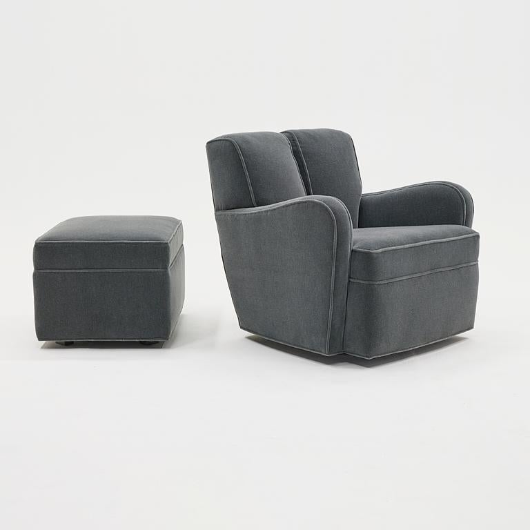 Swivel Lounge Chair and Ottoman by Paul T. Frankl, 1940s. Gray Mohair Upholstery In Good Condition For Sale In Kansas City, MO