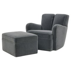 Swivel Lounge Chair and Ottoman by Paul T. Frankl, 1940s. Gray Mohair Upholstery