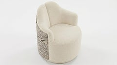 Swivel Lounge Chair in Woolly Textured Boucle with Striped Exotic Wood Shell