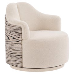 Swivel Lounge Chair in Woolly Textured Boucle with Striped Exotic Wood Shell