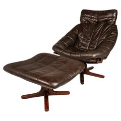 Dreh-Loungesessel und Ottomane aus Leder und Buche, skandinavisch, ca. 1970er Jahre
