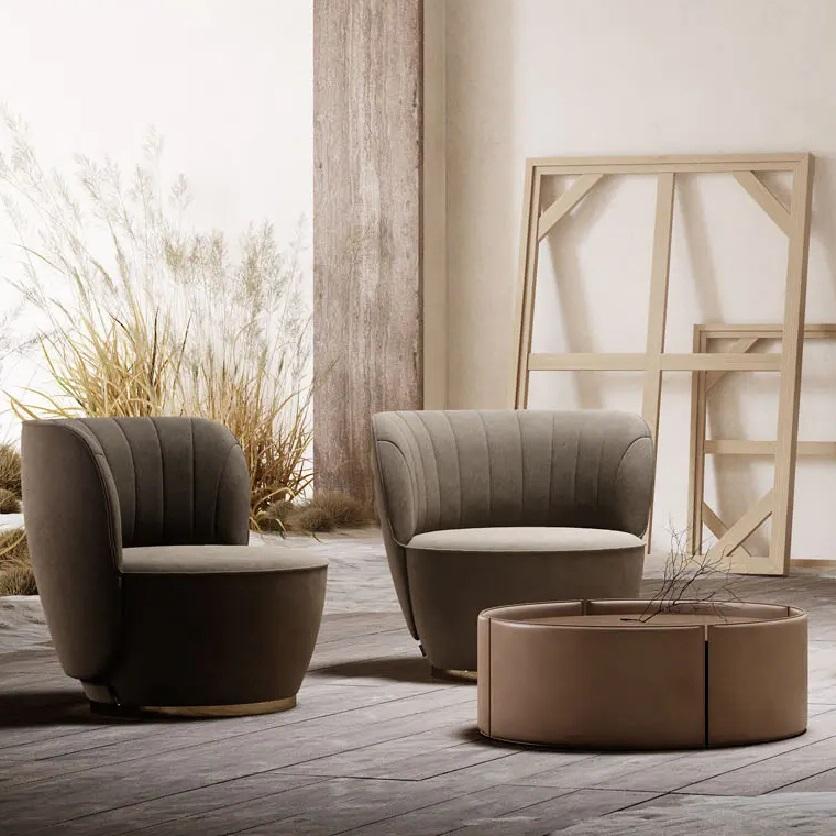 Stainless Steel Swivel Armchair Upholstered in Custom Velvet Color