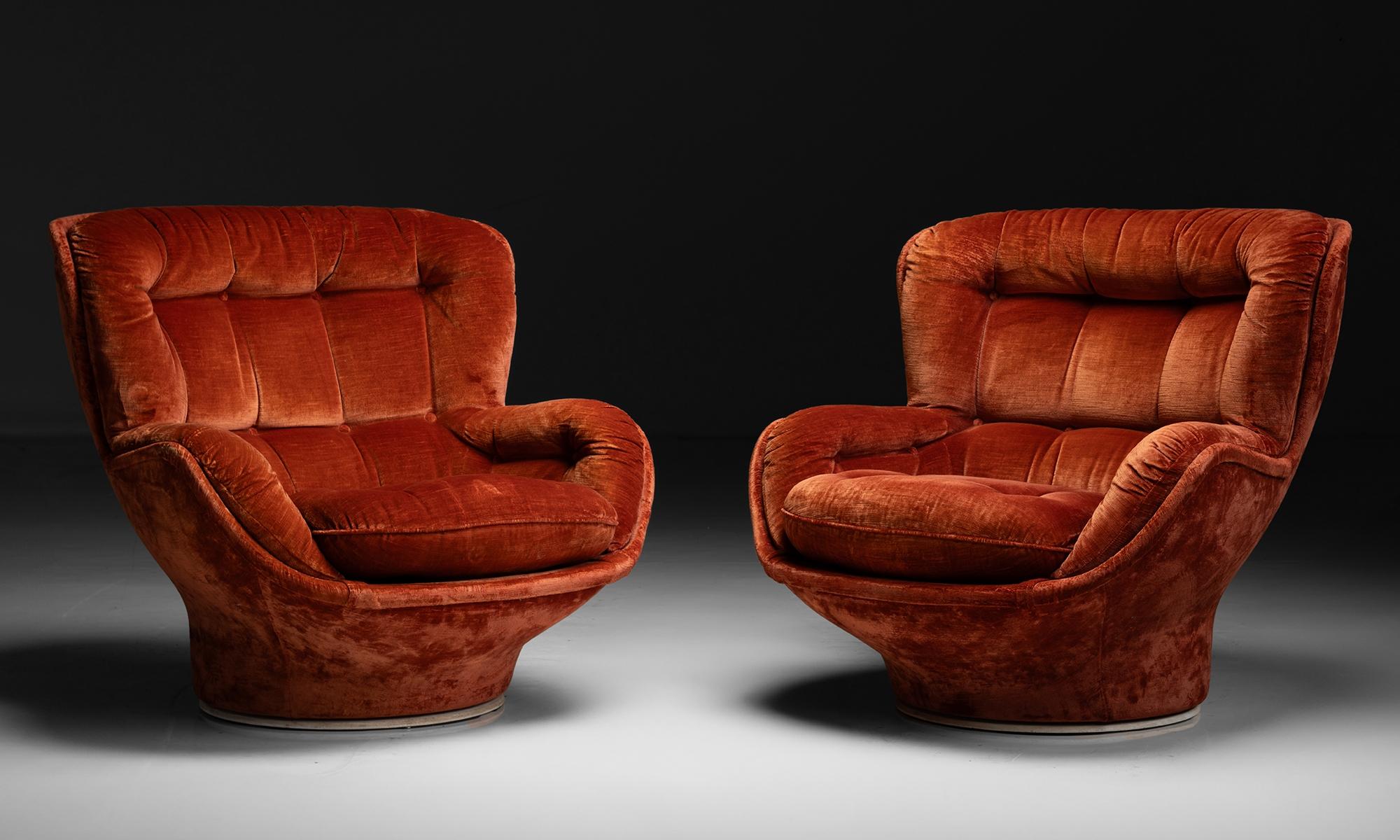 Swivel Lounge Chairs
France circa 1970
Karate armchairs by Michael Cadestin. In original burnt orange velvet, made for Airborne.
37.5”w x 36”d x 34”h x 16”seat