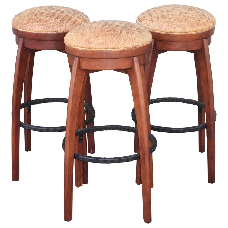 Swivel Midcentury Bar Stools, Leather Seats, 3 For Sale at 1stdibs