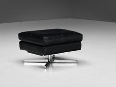 Swivel Ottoman in Black Leather and Steel Base
