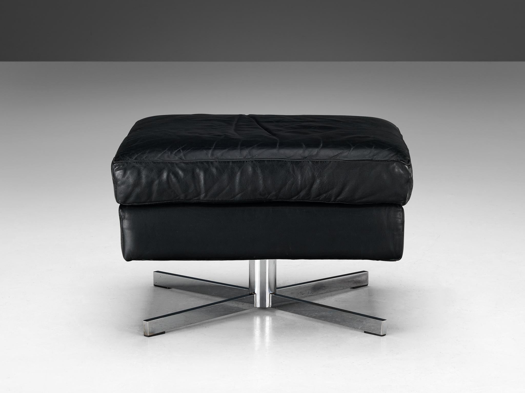 European Swivel Ottoman in Black Leather and Steel Base  For Sale