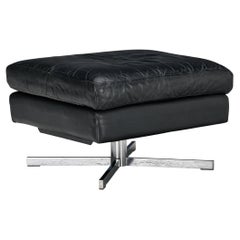 Retro Swivel Ottoman in Black Leather and Steel Base 