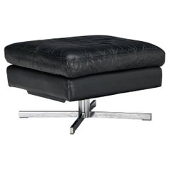 Swivel Ottoman in Black Leather and Steel Base