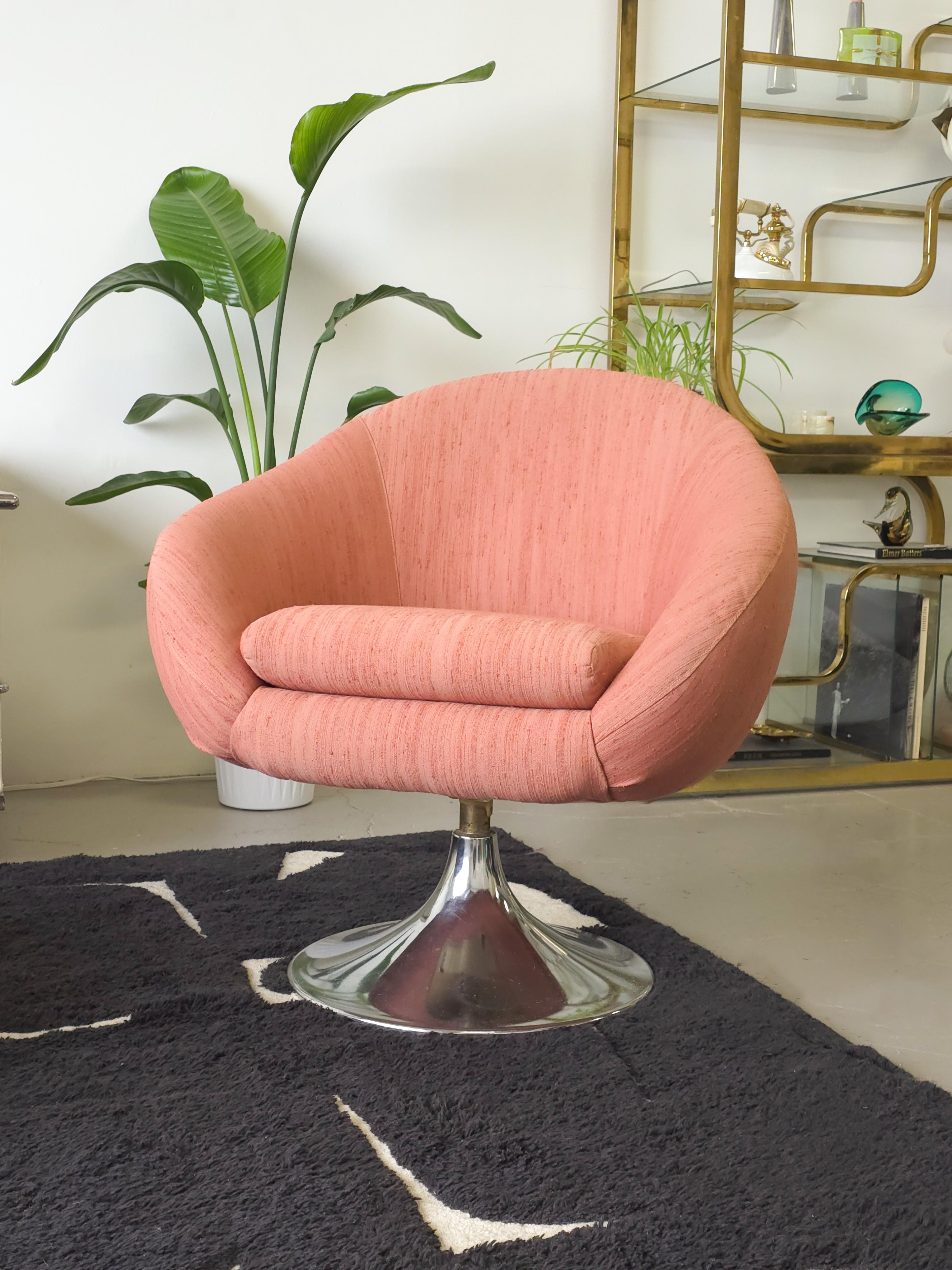 Mid-Century Modern Swivel Pink Lounge Chair with Chrome Base