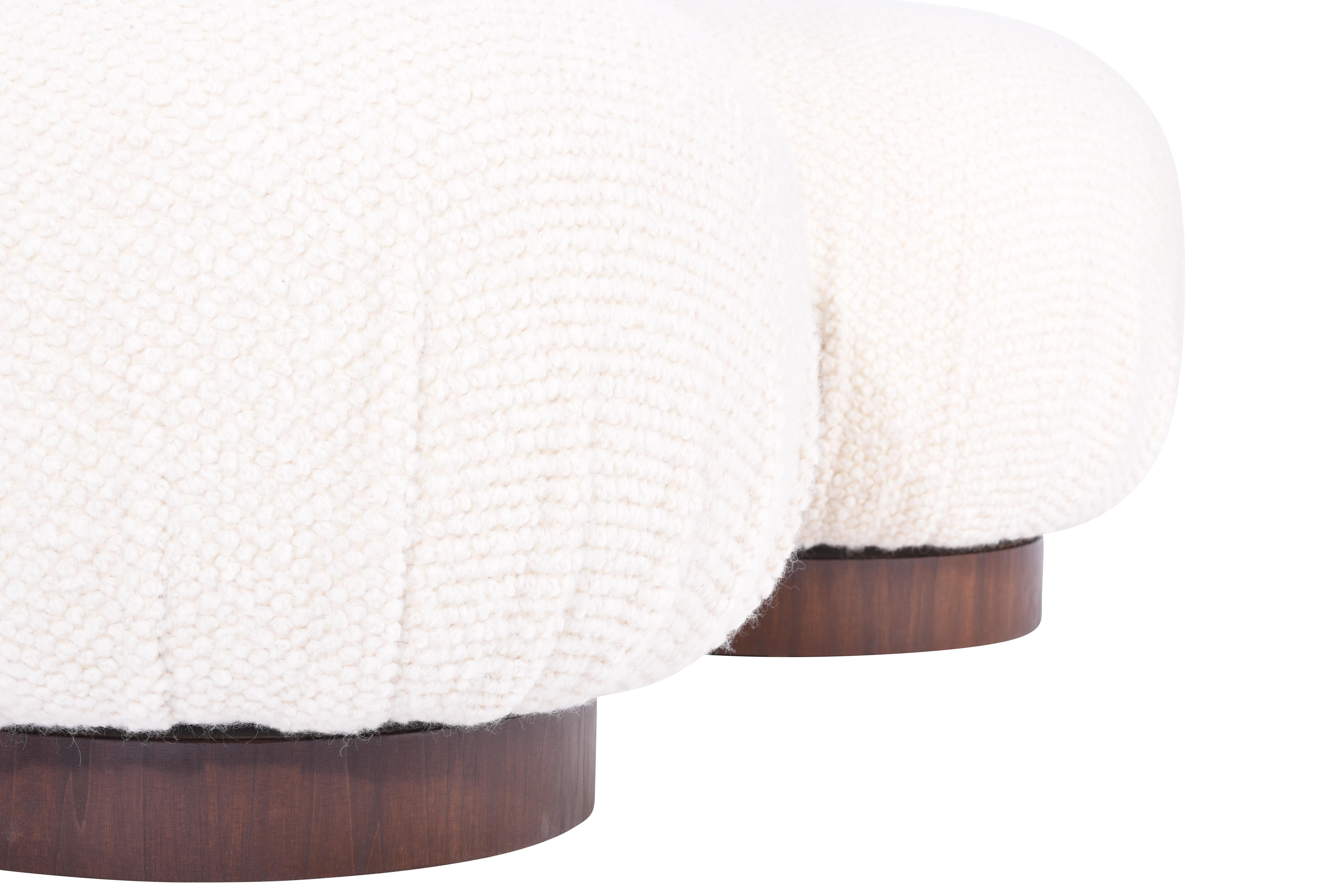 Mid-Century Modern Swivel Pouf Ottomans on Walnut Bases