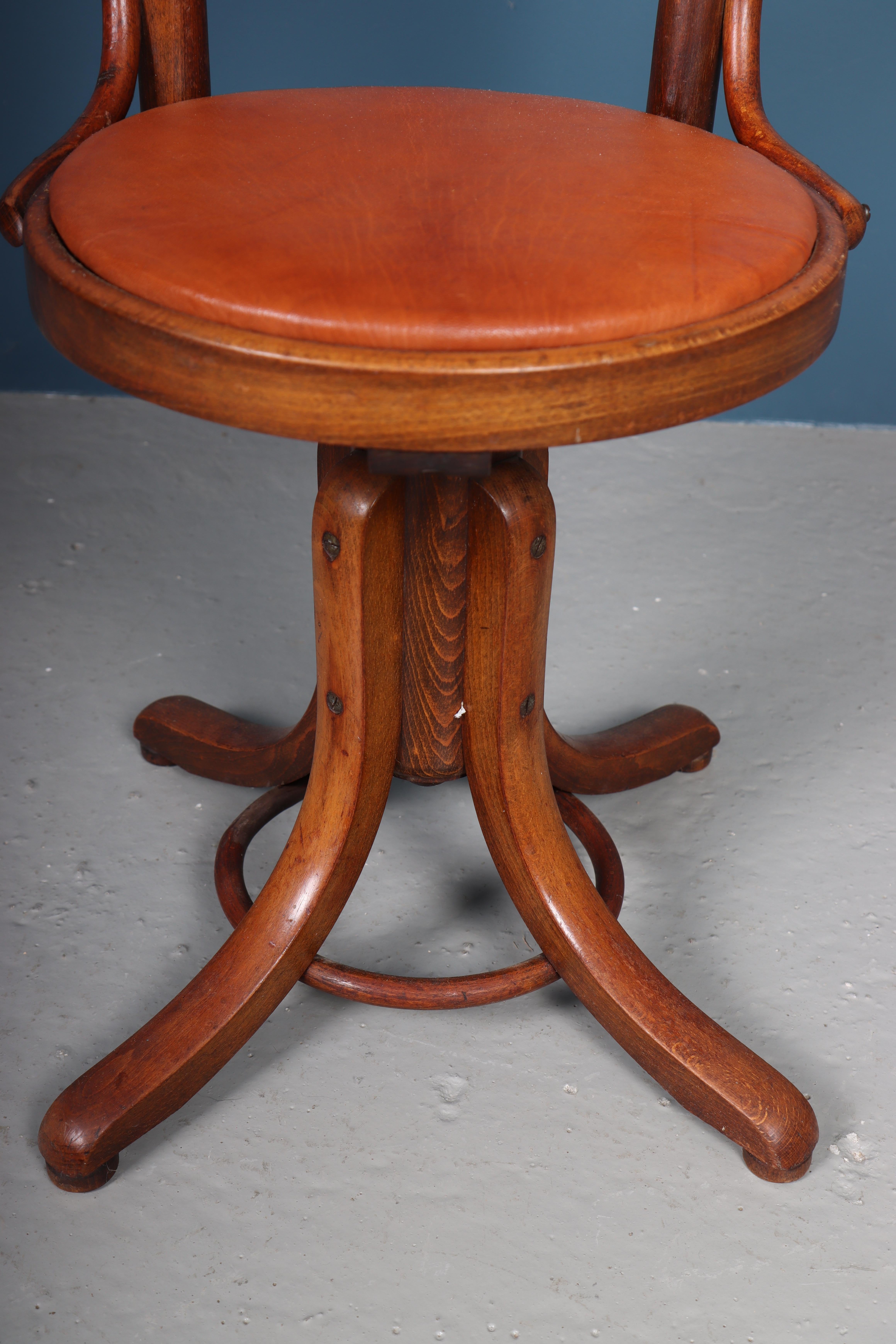 Scandinavian Swivel Stool with Patinated Leather, 1940s For Sale