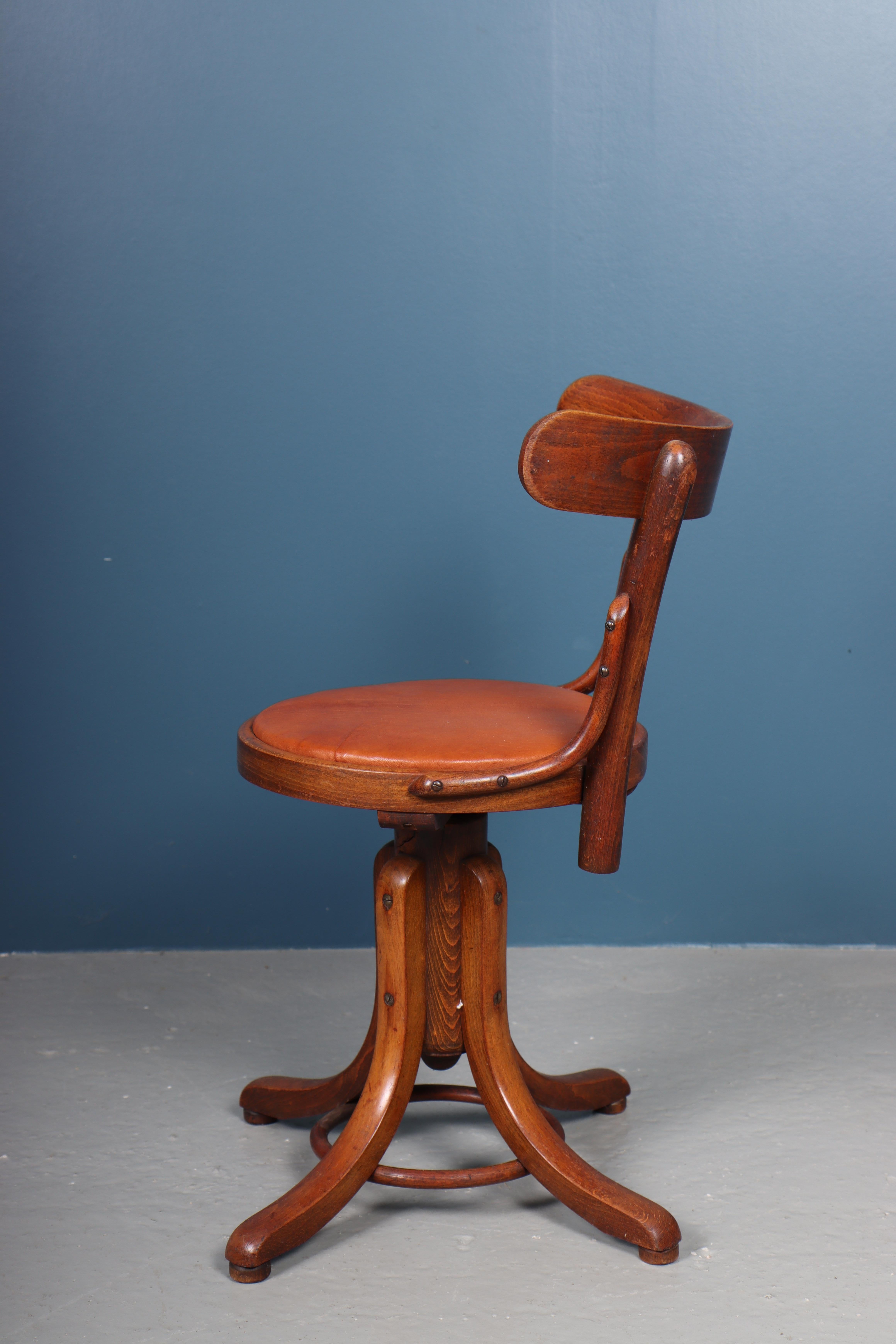 Mid-20th Century Swivel Stool with Patinated Leather, 1940s For Sale