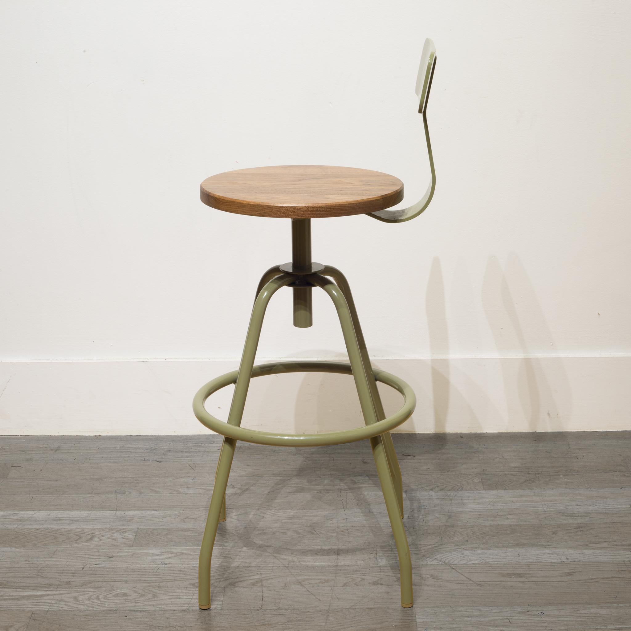 About

This is an original flat-cut, powder coated heavy steel stool in reed green with black walnut seat. Swivel seat.

Creator: Makr.
Date of manufacture: circa 2019.
Materials and techniques: Steel, black walnut.
Condition: New. Minor marks on