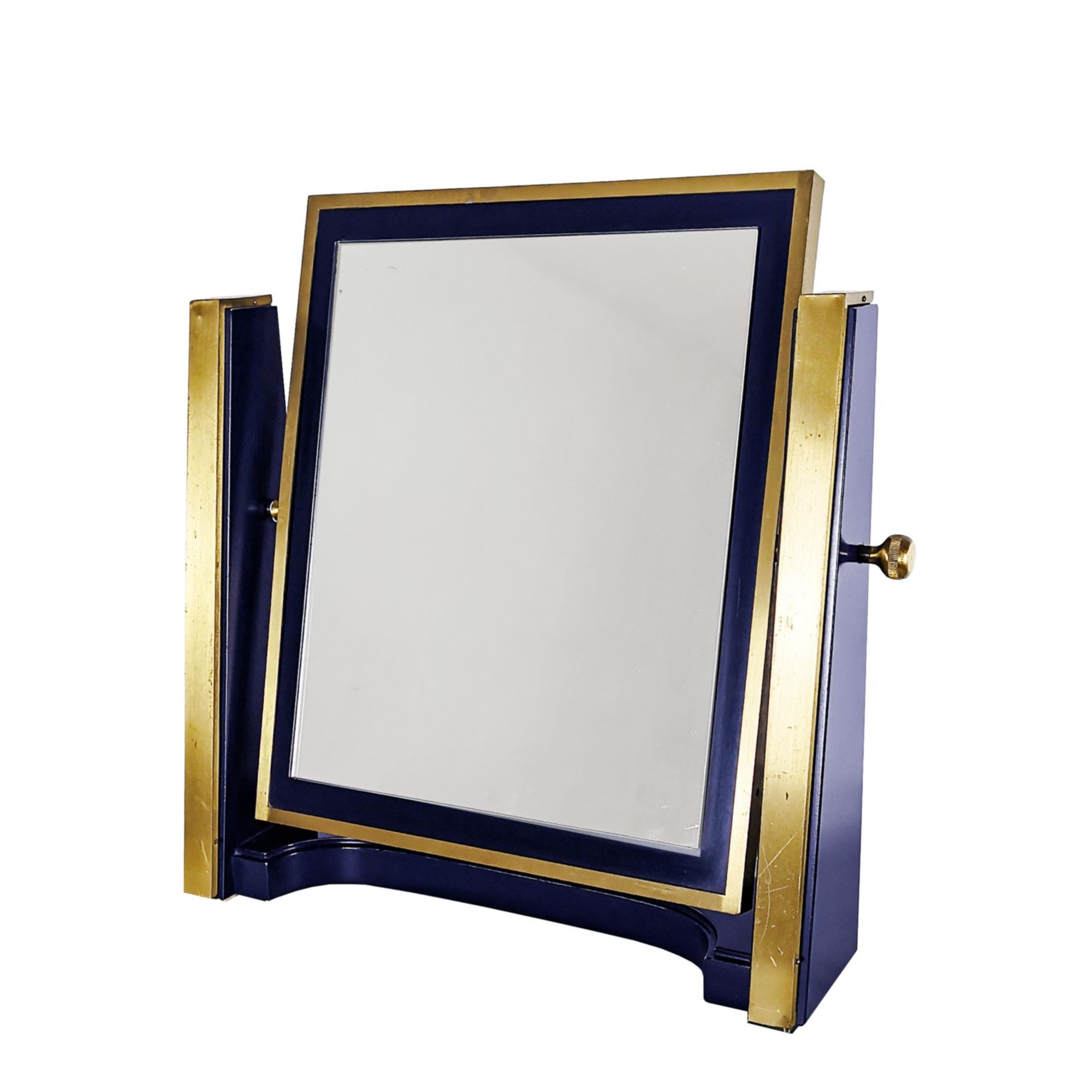 Specchio da tavolo girevole in legno laccato blu anatra e ottone spazzolato.

Italia circa 1970