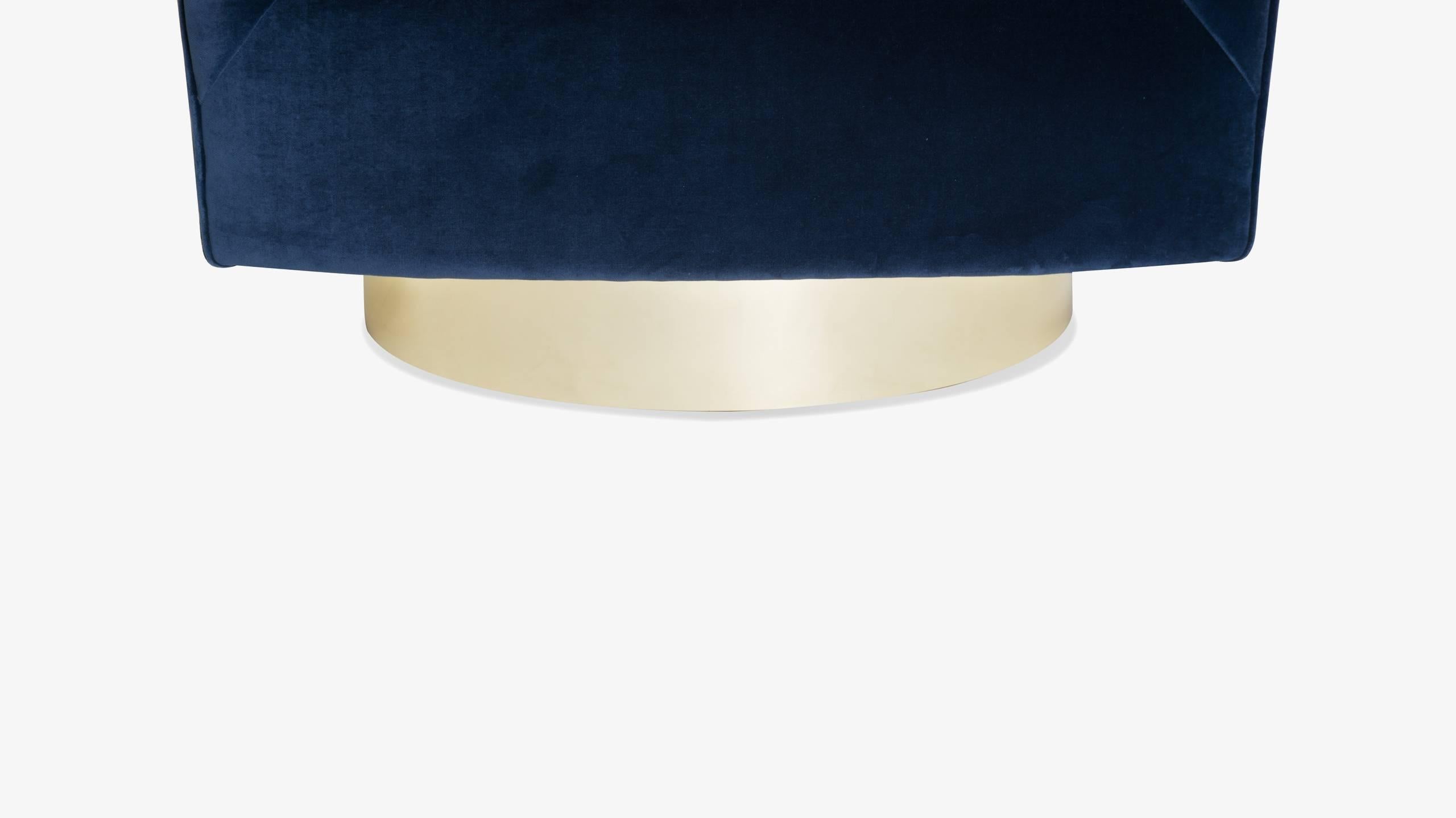 Upholstery Swivel Tub Chairs in Navy Velvet with Polished Brass Bases, Pair