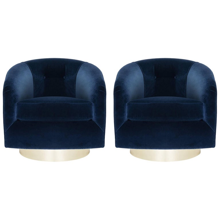 Swivel Tub Chairs in Navy Velvet with Polished Brass Bases, Pair at