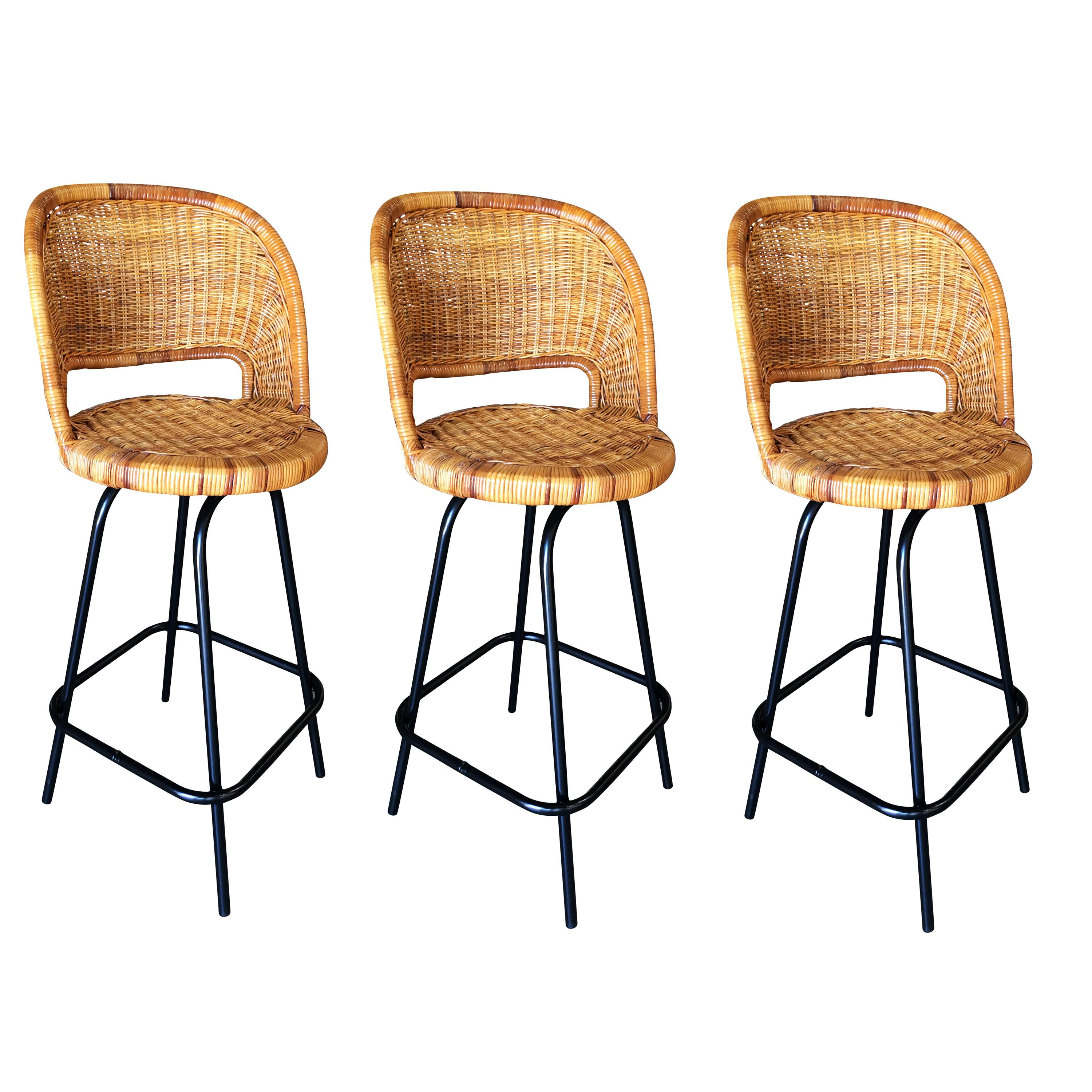 Swivel Wicker Bar Stools in the Seng of Chicago Style, Set of 3
