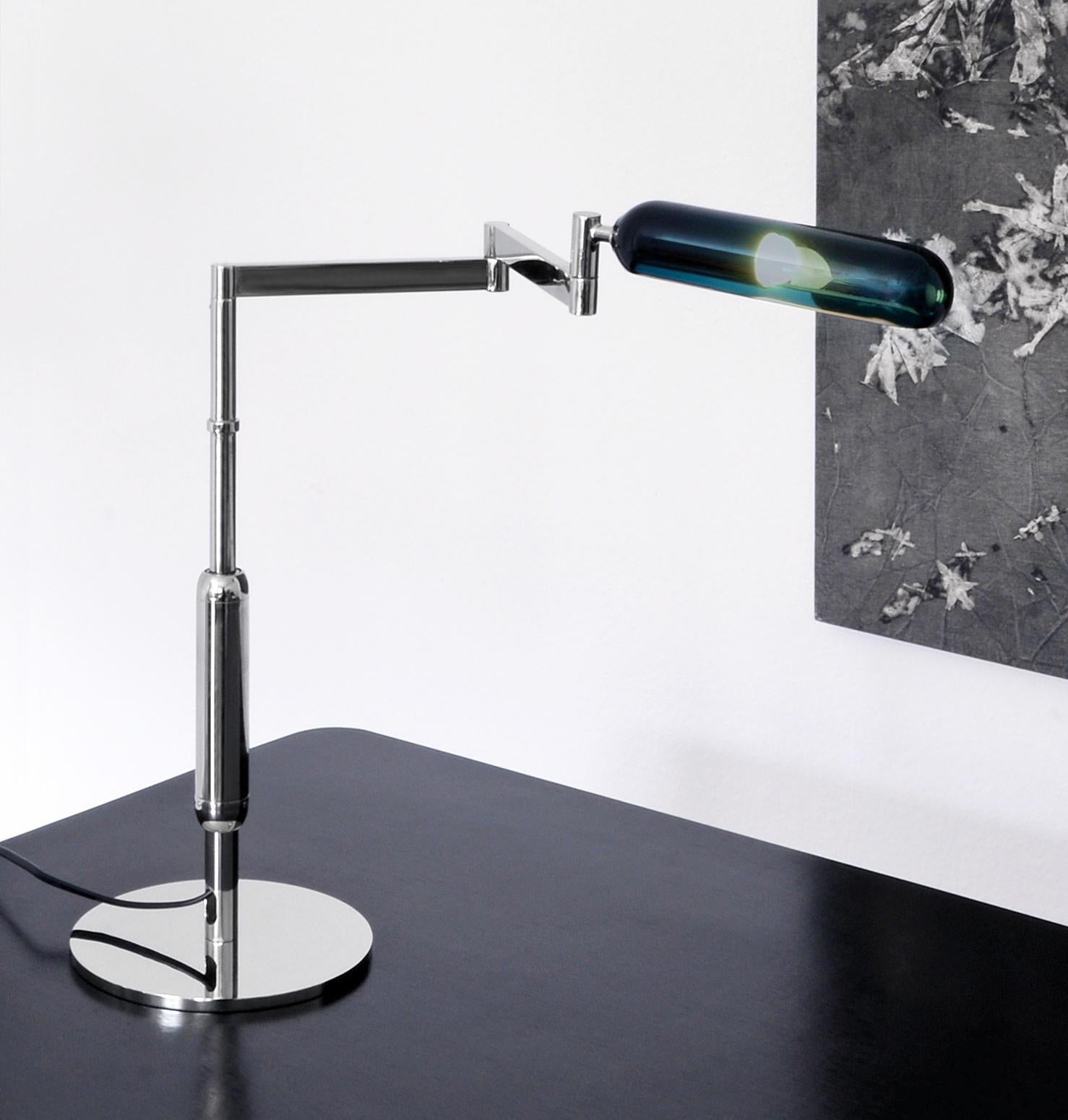 Modern Swiveling And Height-Adjustable Table Lamp, Plated Brass, Stained Glass, Bespoke For Sale