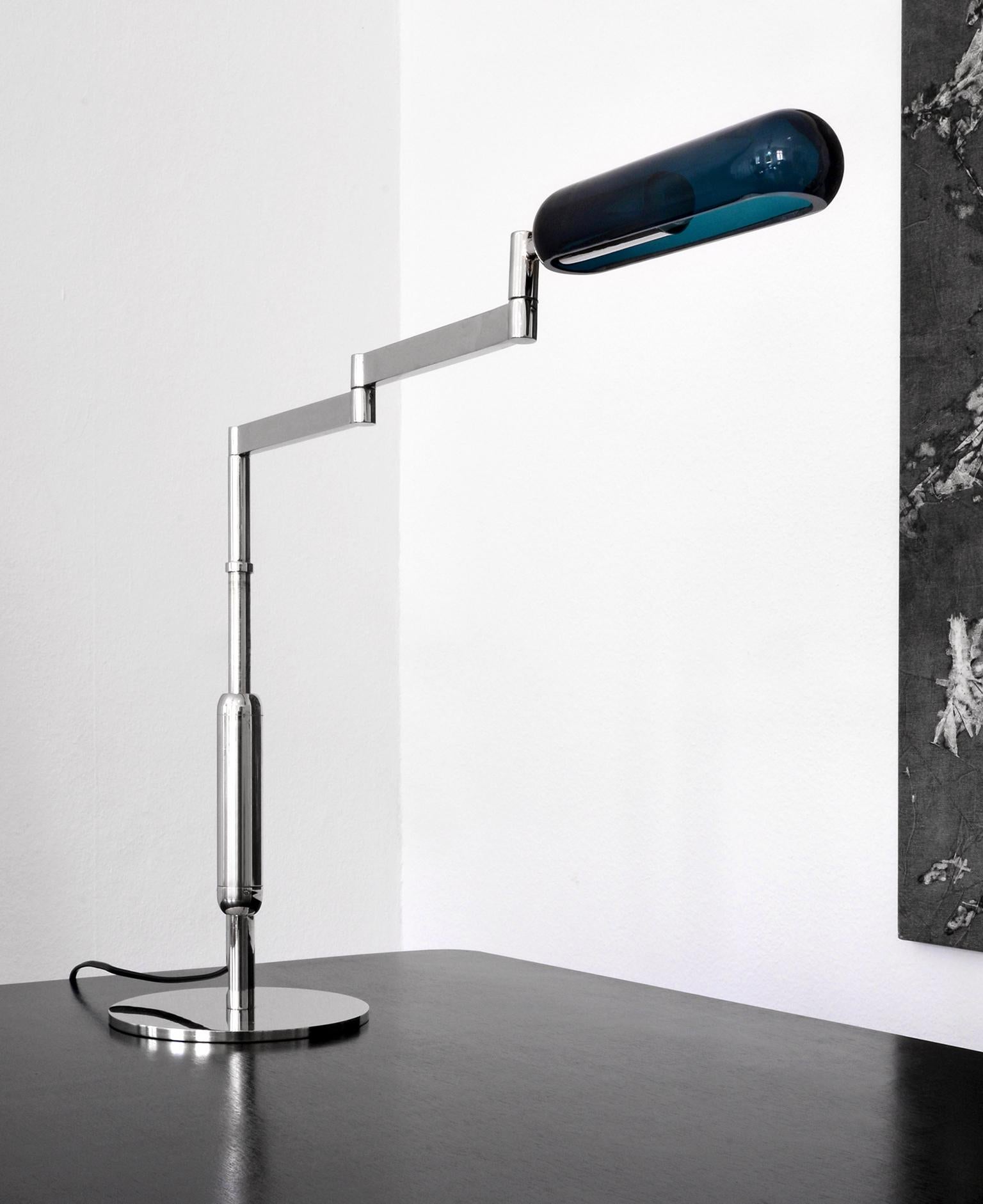 German Swiveling And Height-Adjustable Table Lamp, Plated Brass, Stained Glass, Bespoke For Sale