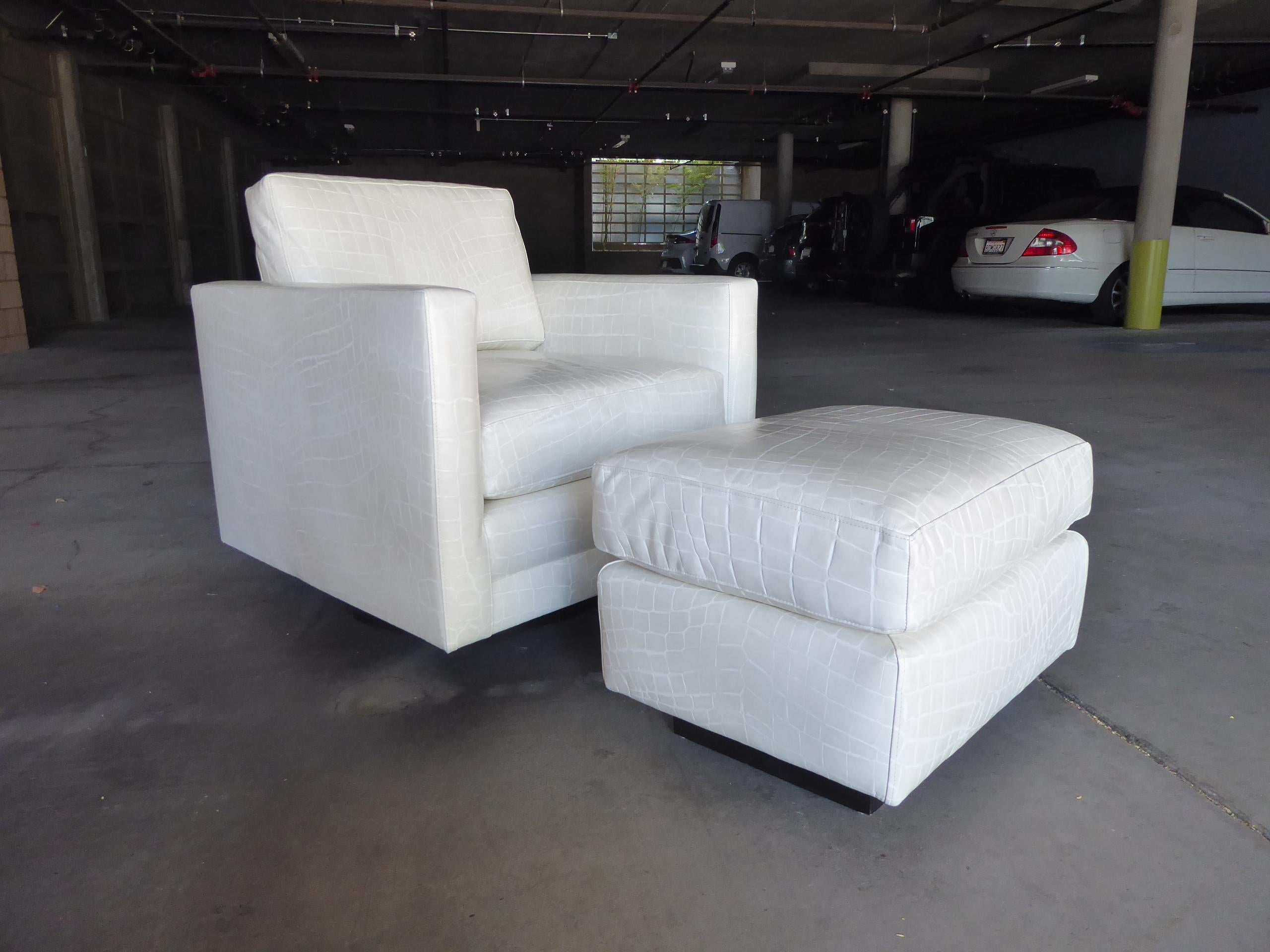 American Swiveling Leather Club Chair and Ottoman in the Style of Milo Baughman