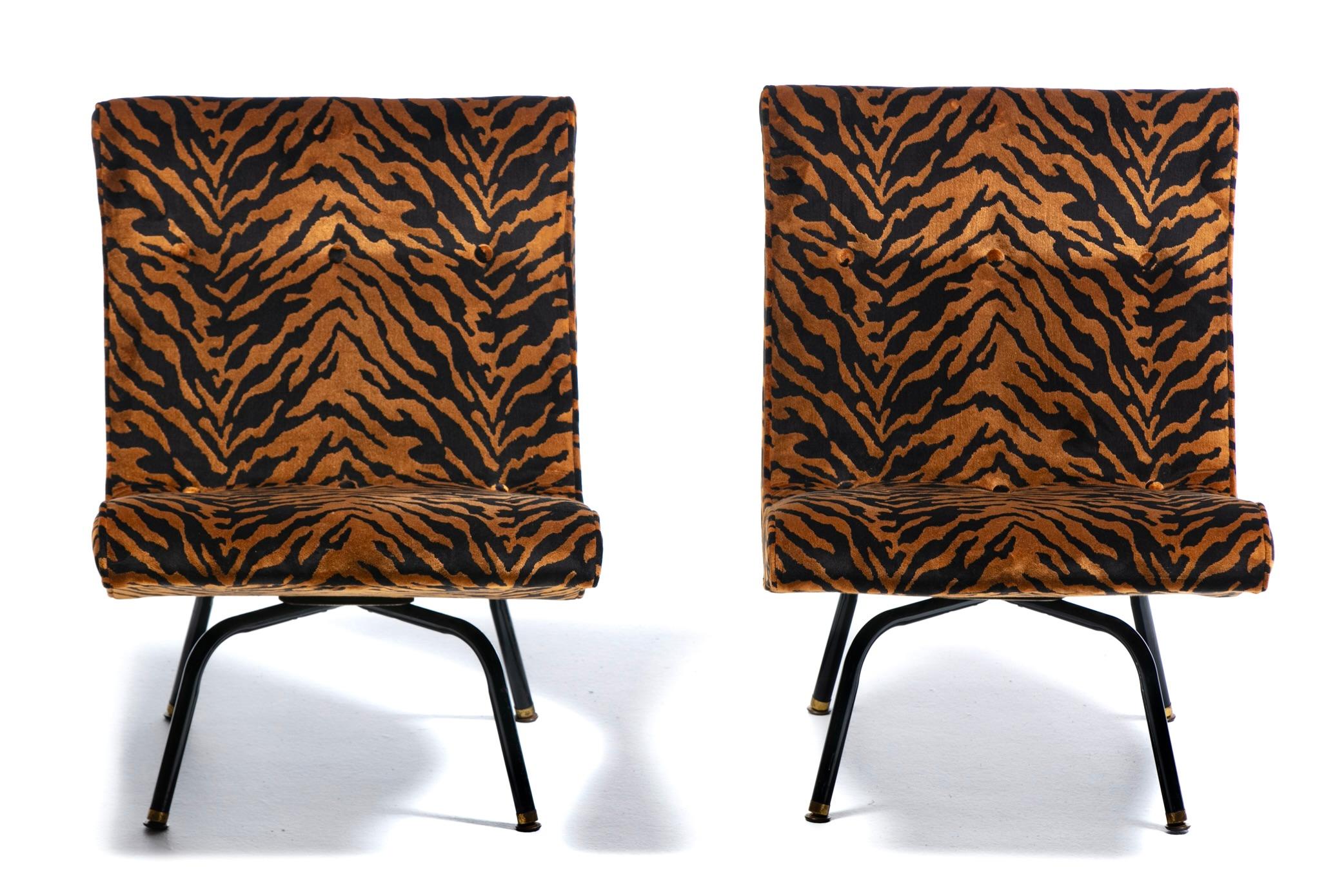 Mid-Century Modern Swiveling Mid Century Modern Scoop Chairs Newly Upholstered in Tiger Velvet For Sale