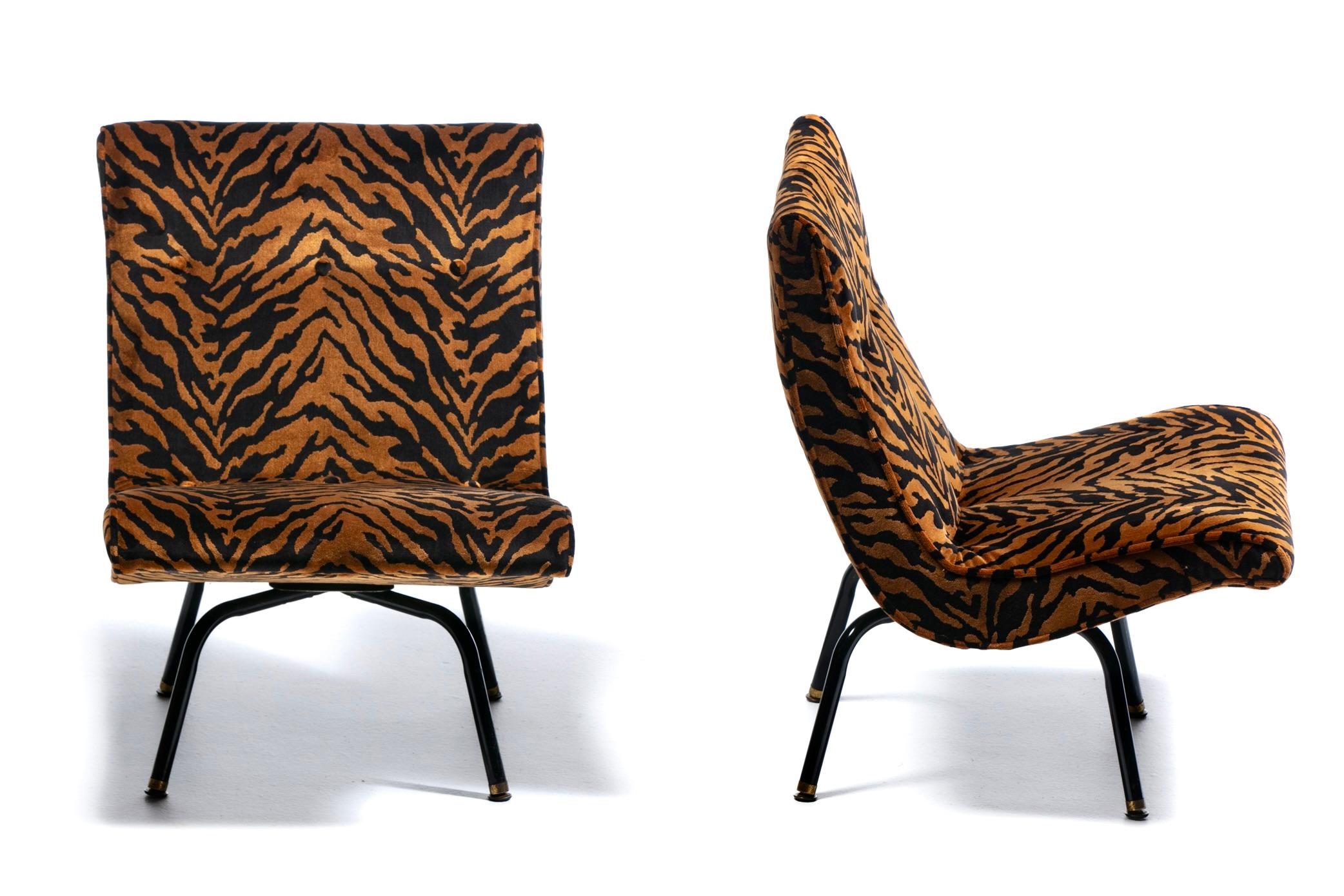 American Swiveling Mid Century Modern Scoop Chairs Newly Upholstered in Tiger Velvet For Sale