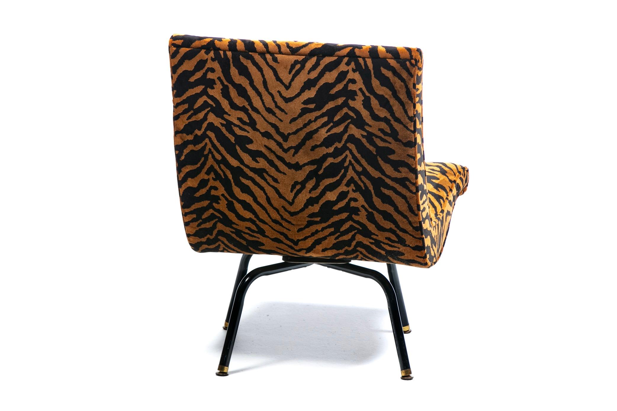 Swiveling Mid Century Modern Scoop Chairs Newly Upholstered in Tiger Velvet For Sale 2