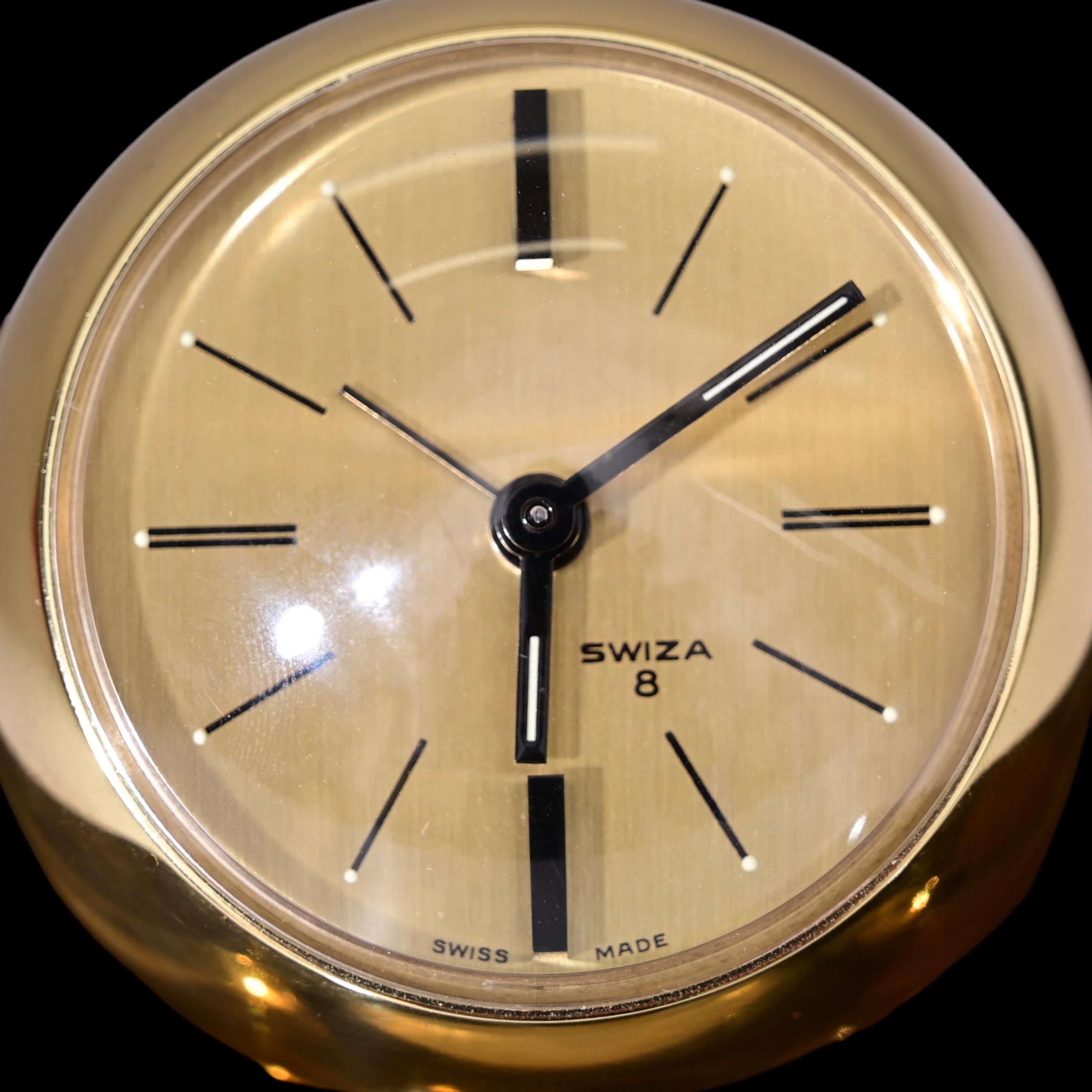 Horloge sphérique Swiza rare de 8 jours dorée avec base en lucite fumée, boîte et garantie en vente 1