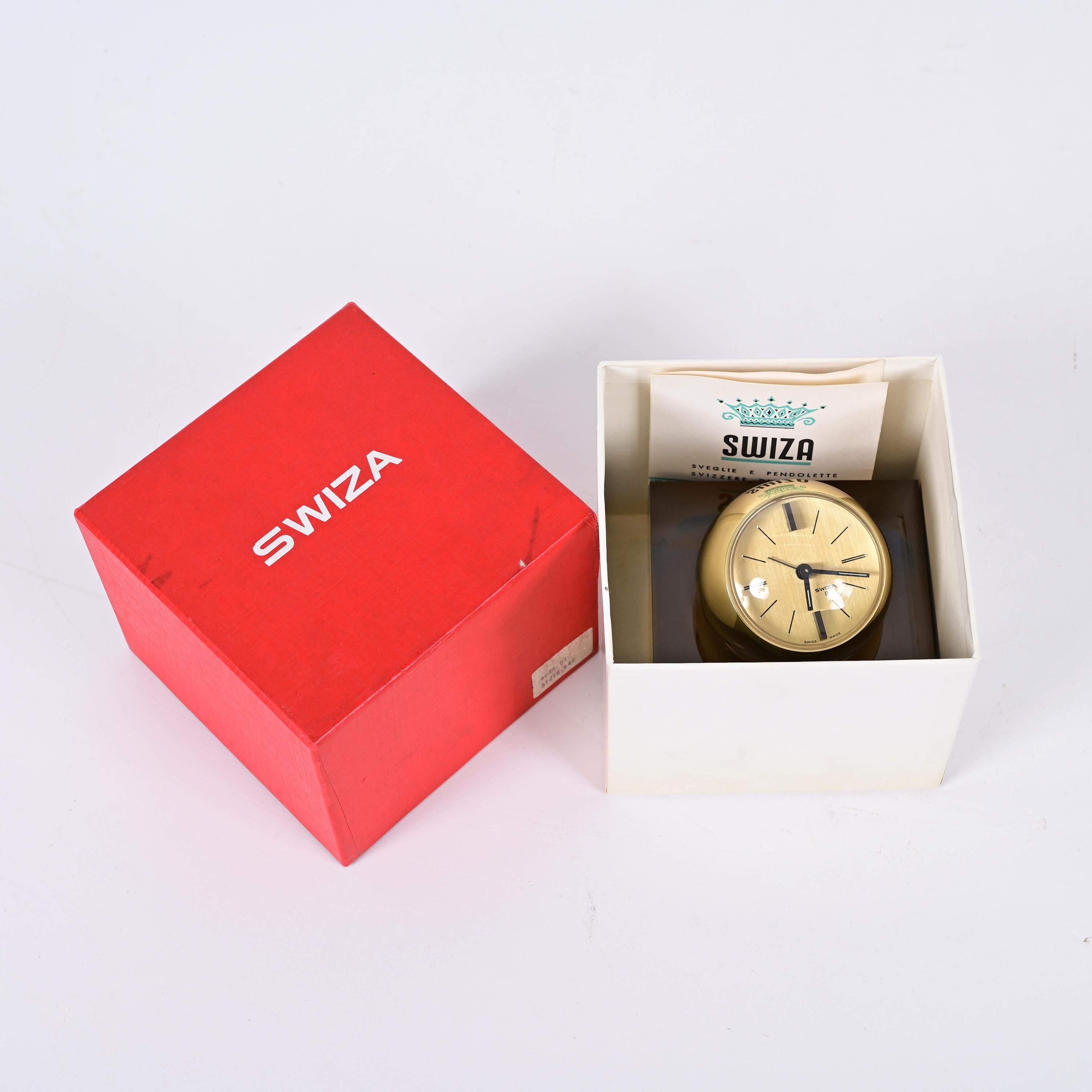 Horloge sphérique Swiza rare de 8 jours dorée avec base en lucite fumée, boîte et garantie en vente 4
