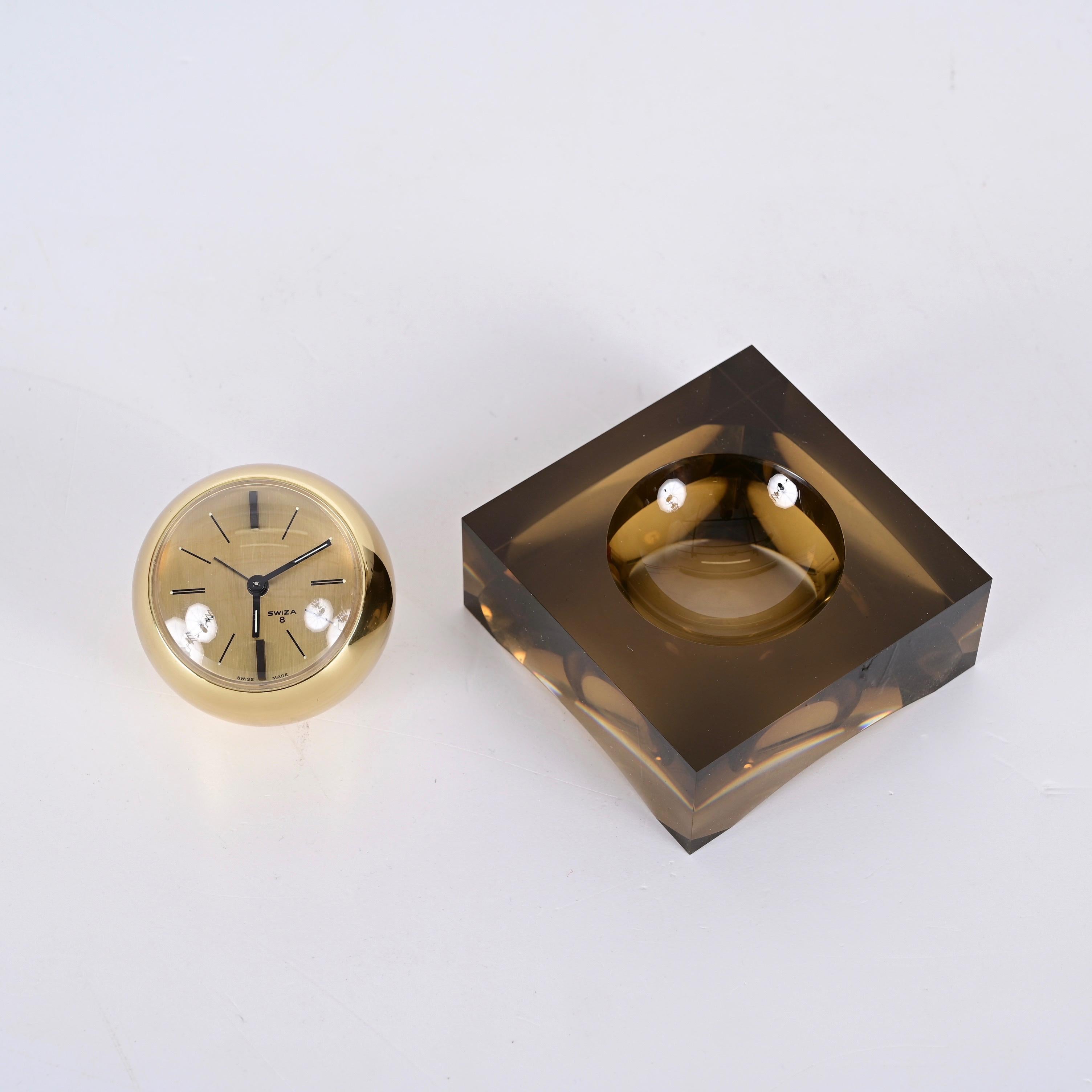 Horloge sphérique Swiza rare de 8 jours dorée avec base en lucite fumée, boîte et garantie en vente 5