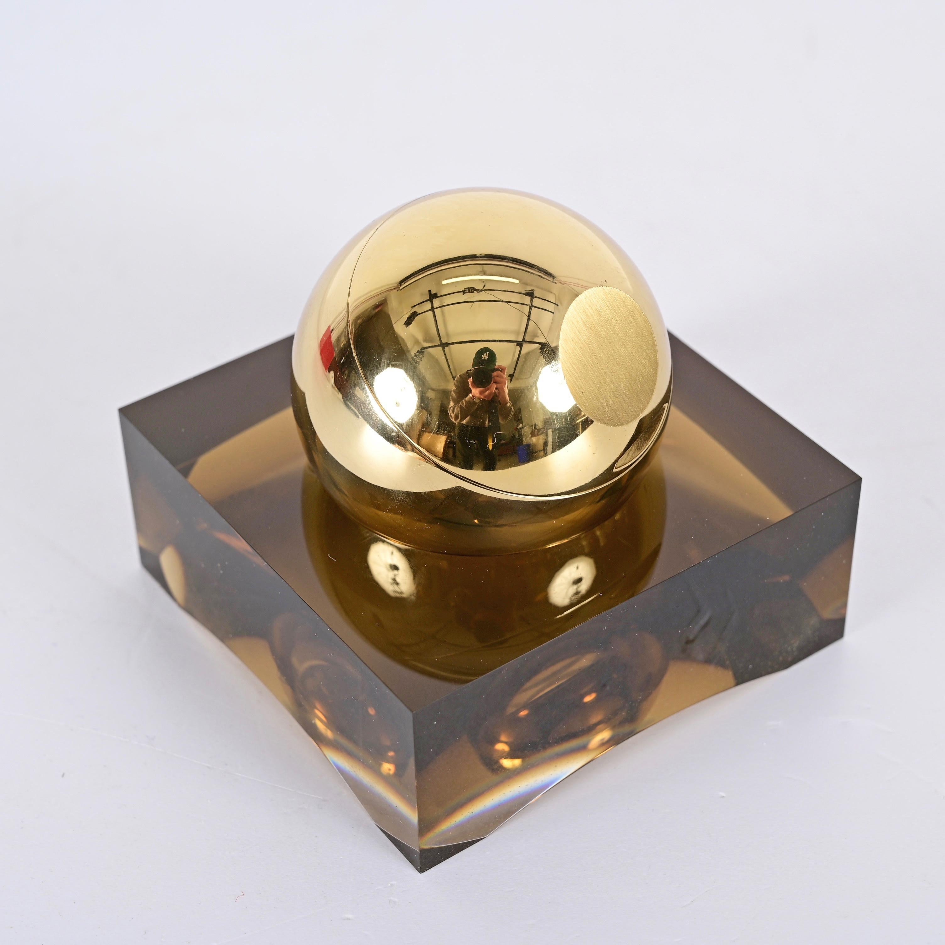 Swiza 8 Day Rare Gilt Sphere Clock with Smoked Lucite Base, Box and Guarantee For Sale 6