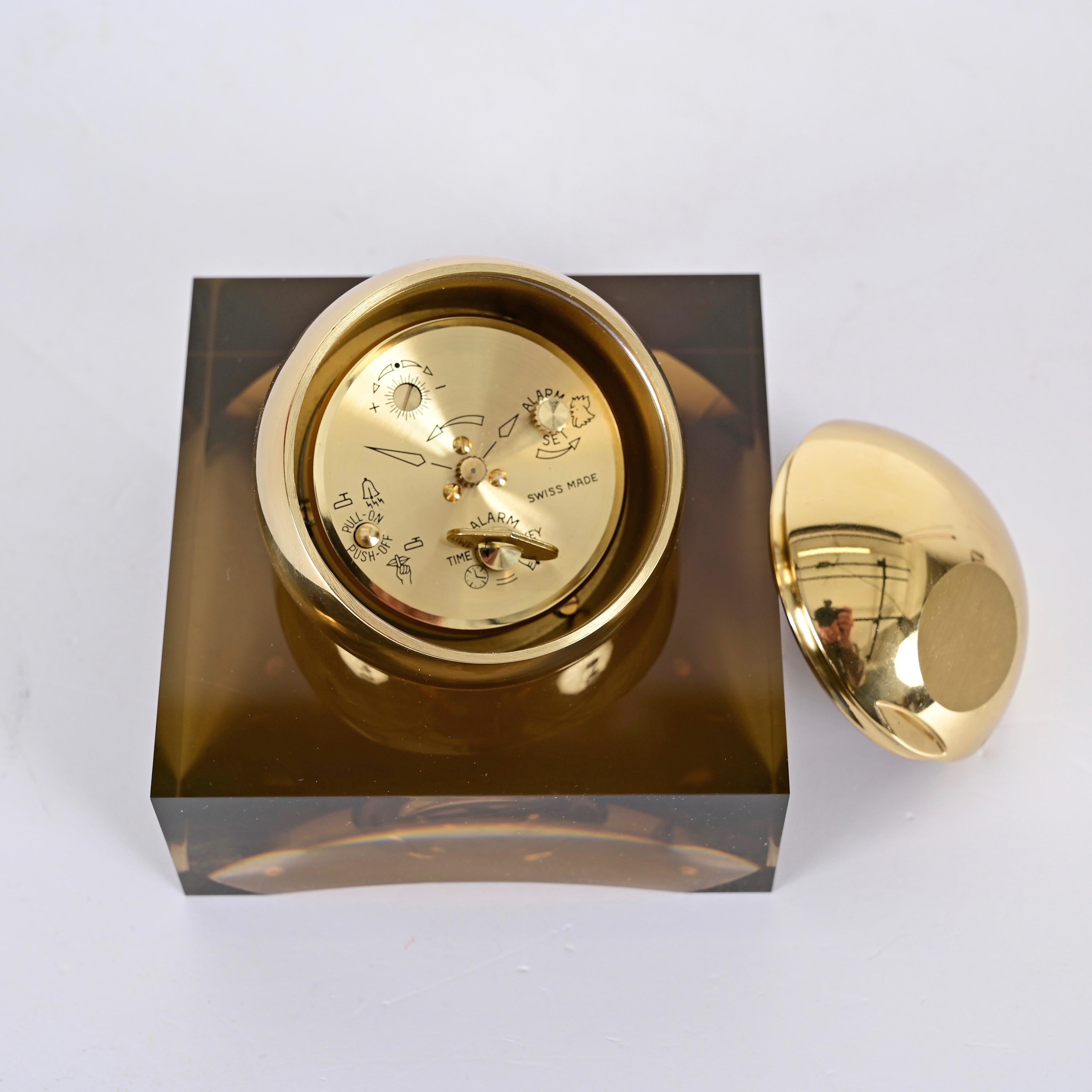 Horloge sphérique Swiza rare de 8 jours dorée avec base en lucite fumée, boîte et garantie en vente 8