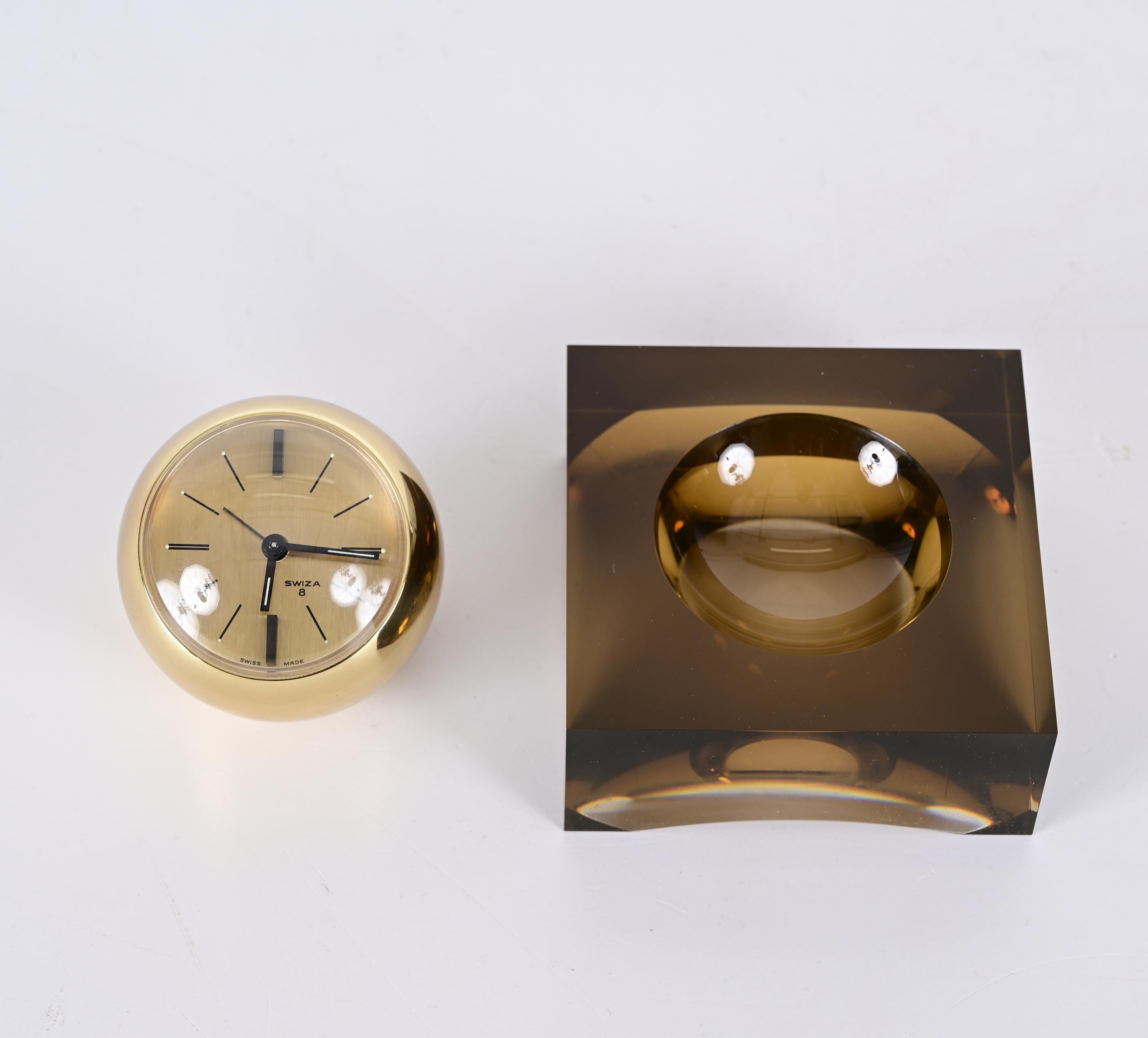Swiza 8 Day Rare Gilt Sphere Clock with Smoked Lucite Base, Box and Guarantee For Sale 8