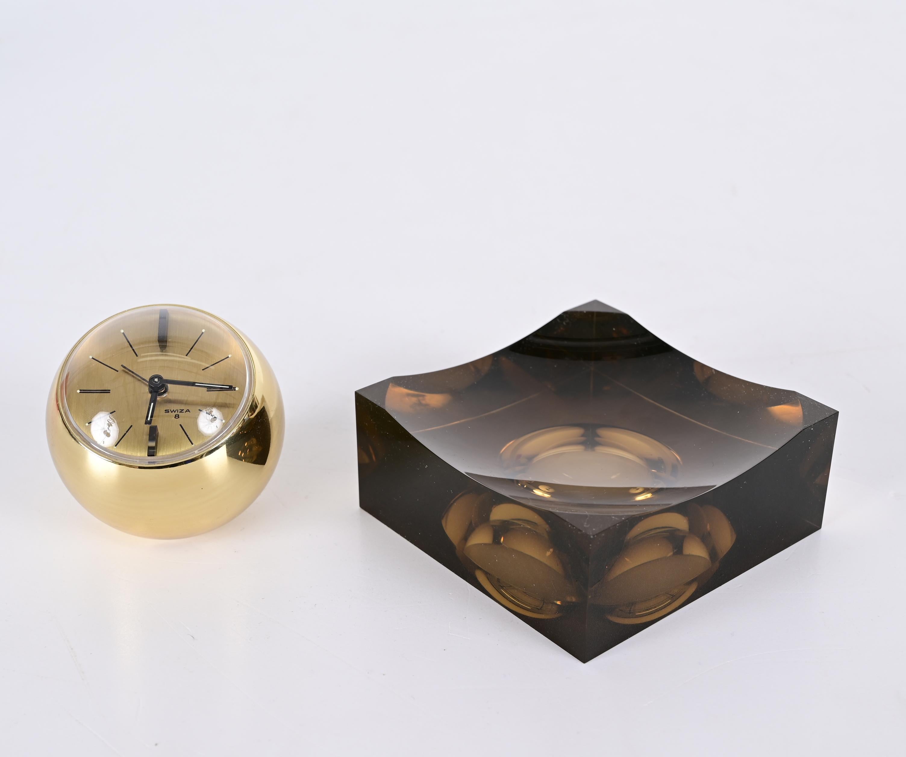 Horloge sphérique Swiza rare de 8 jours dorée avec base en lucite fumée, boîte et garantie en vente 10