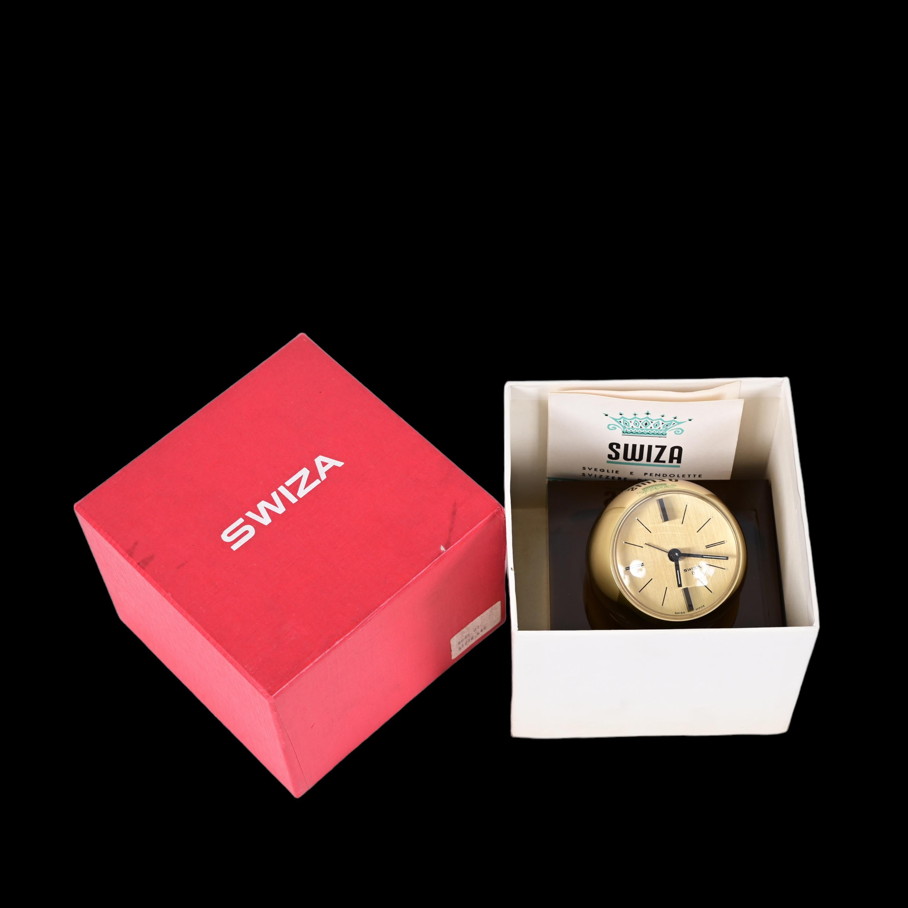 Horloge sphérique Swiza rare de 8 jours dorée avec base en lucite fumée, boîte et garantie en vente 12
