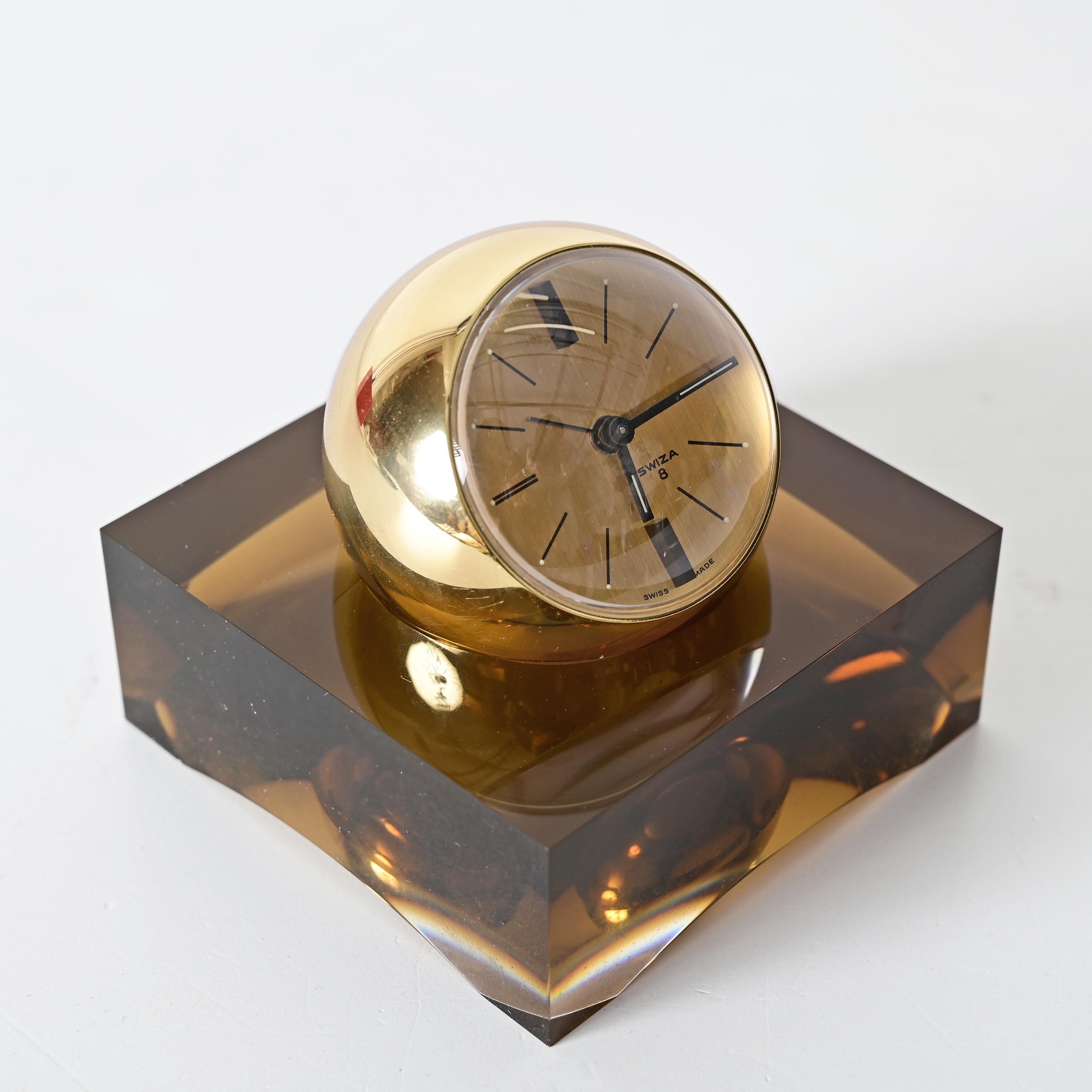Horloge sphérique Swiza rare de 8 jours dorée avec base en lucite fumée, boîte et garantie en vente 12