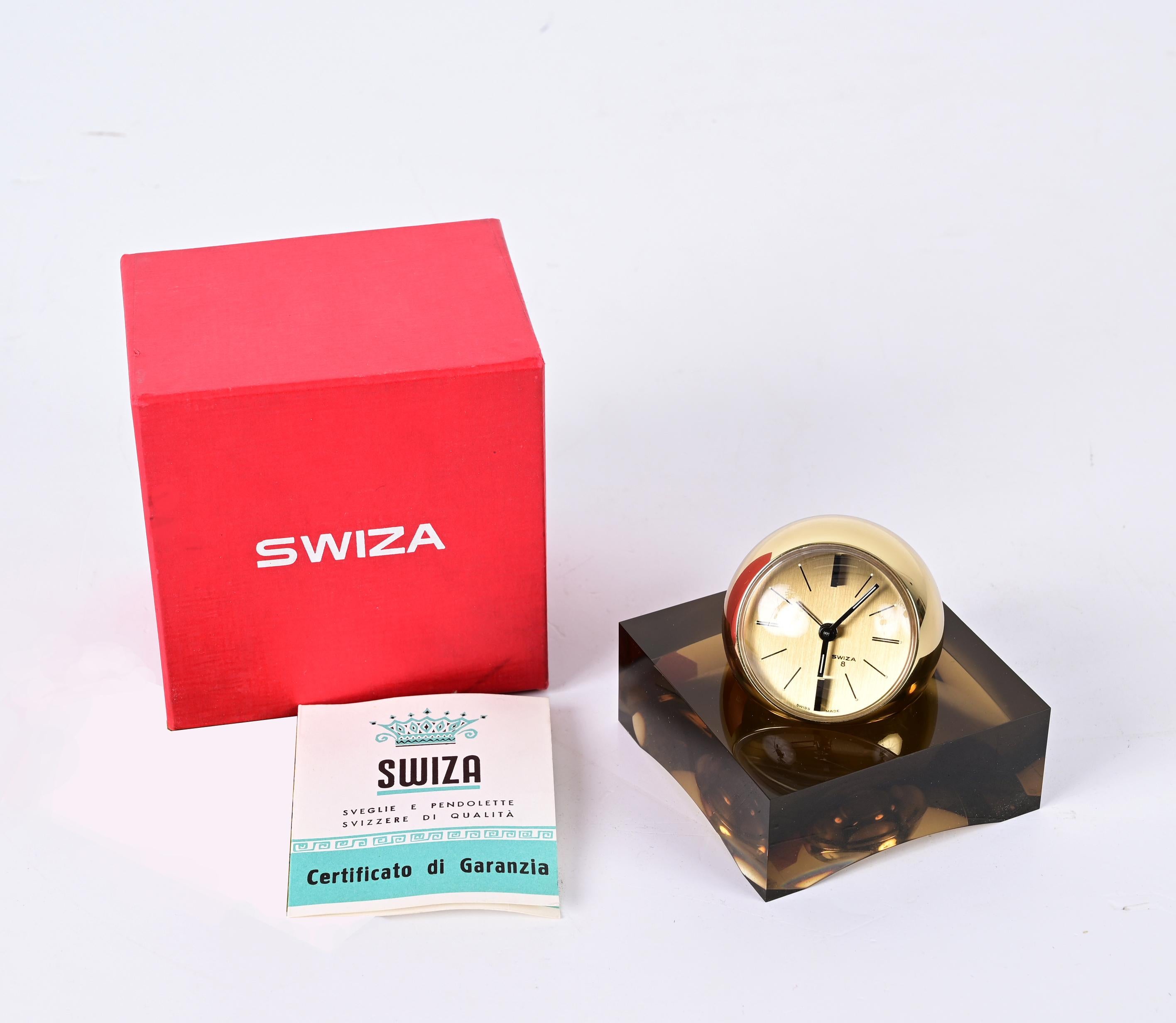 Suisse Horloge sphérique Swiza rare de 8 jours dorée avec base en lucite fumée, boîte et garantie en vente