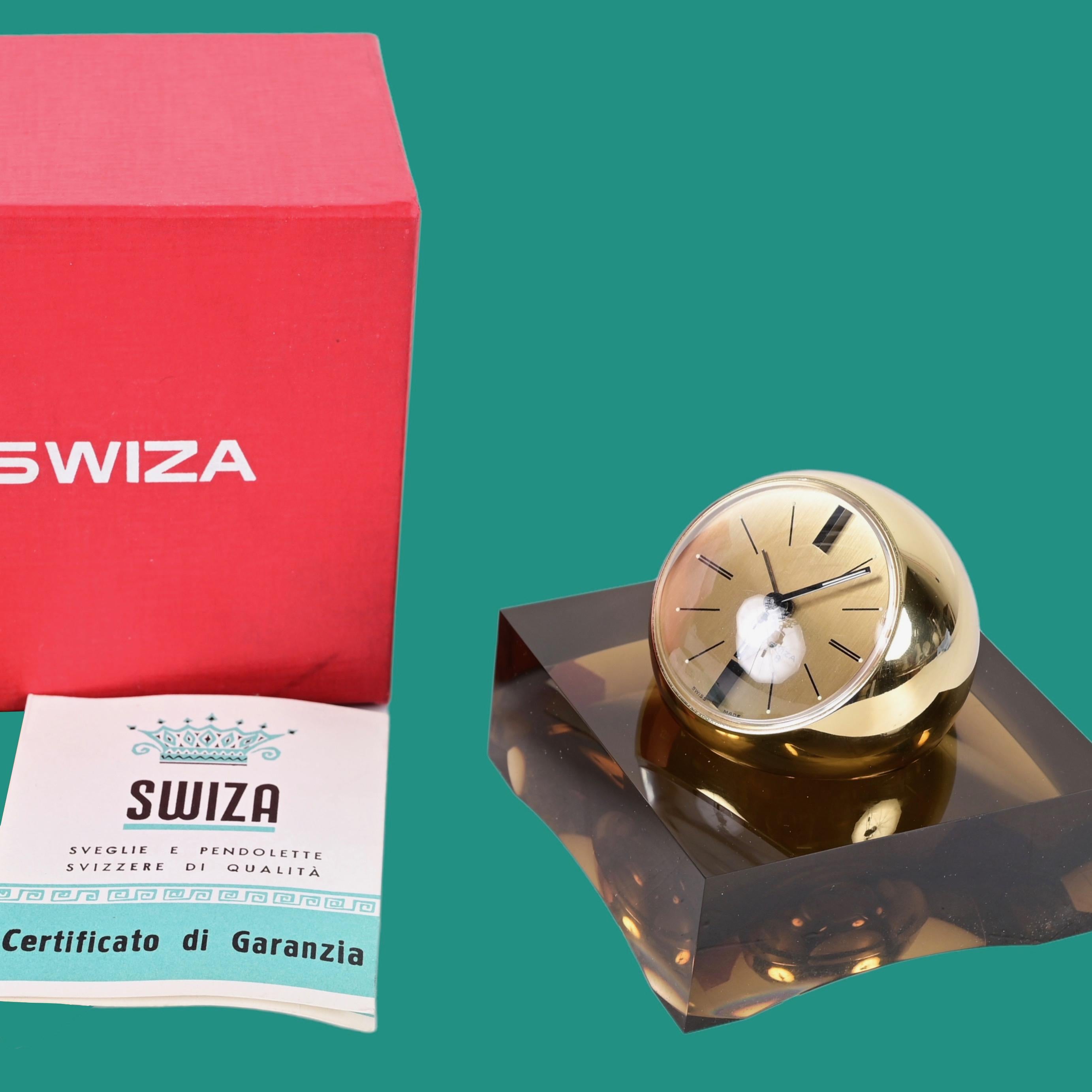 Mid-Century Modern Swiza 8 Day Rare Gilt Sphere Clock with Smoked Lucite Base, Box and Guarantee For Sale