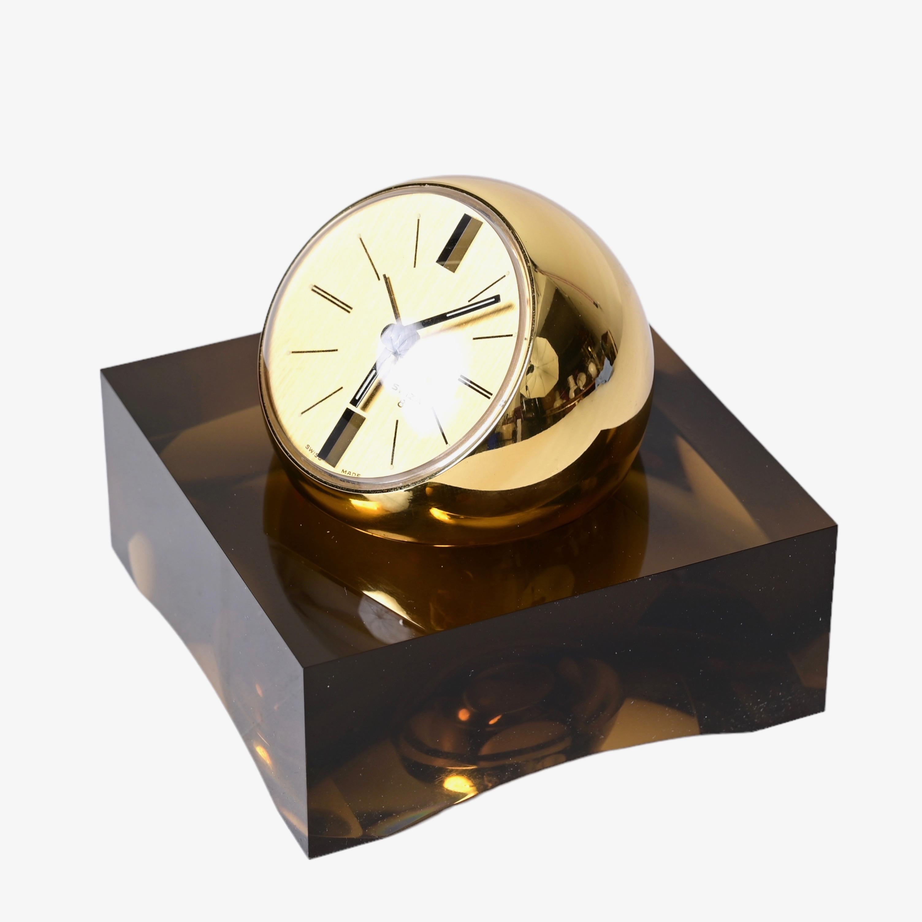 Swiss Swiza 8 Day Rare Gilt Sphere Clock with Smoked Lucite Base, Box and Guarantee For Sale