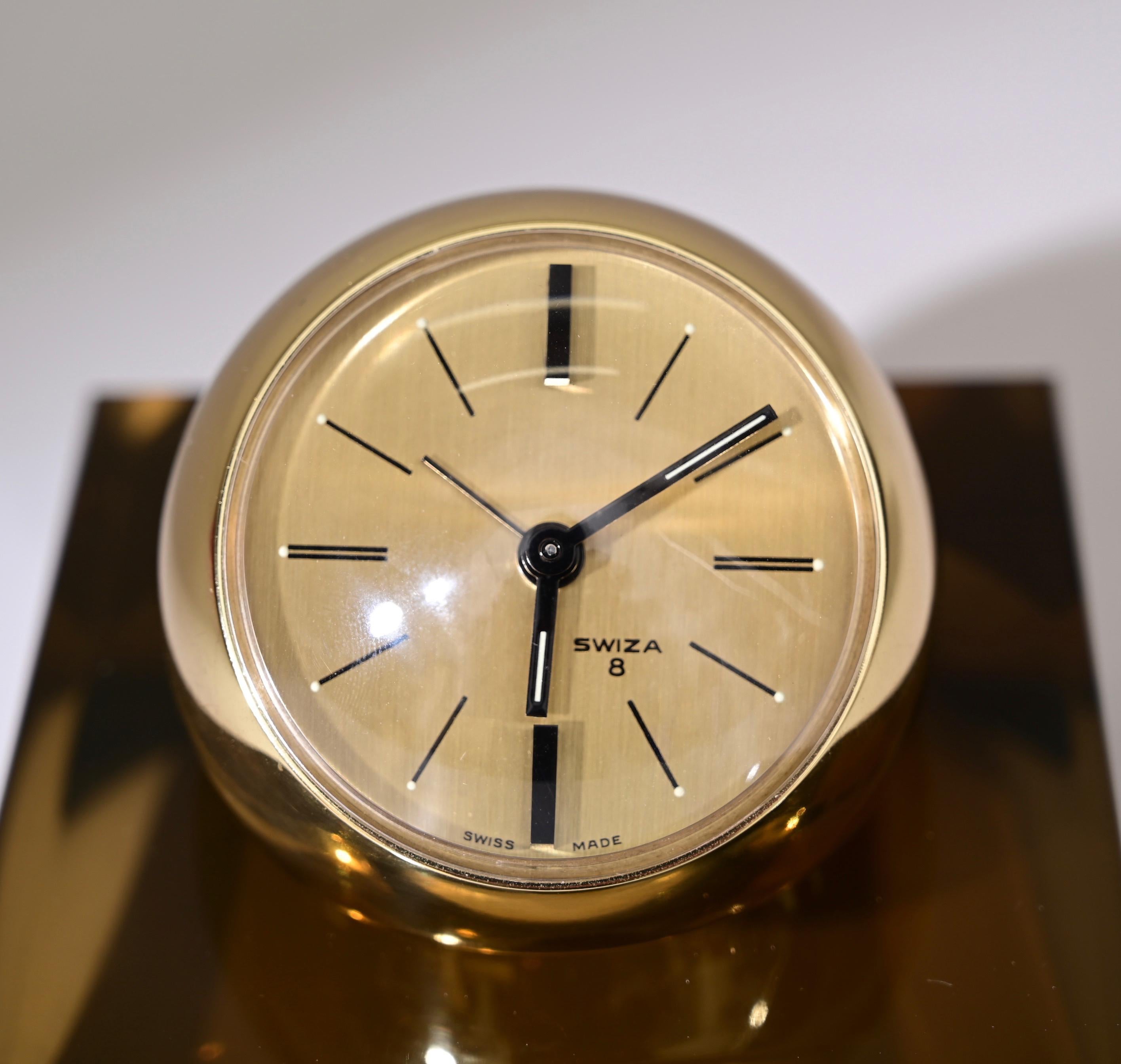 20th Century Swiza 8 Day Rare Gilt Sphere Clock with Smoked Lucite Base, Box and Guarantee For Sale