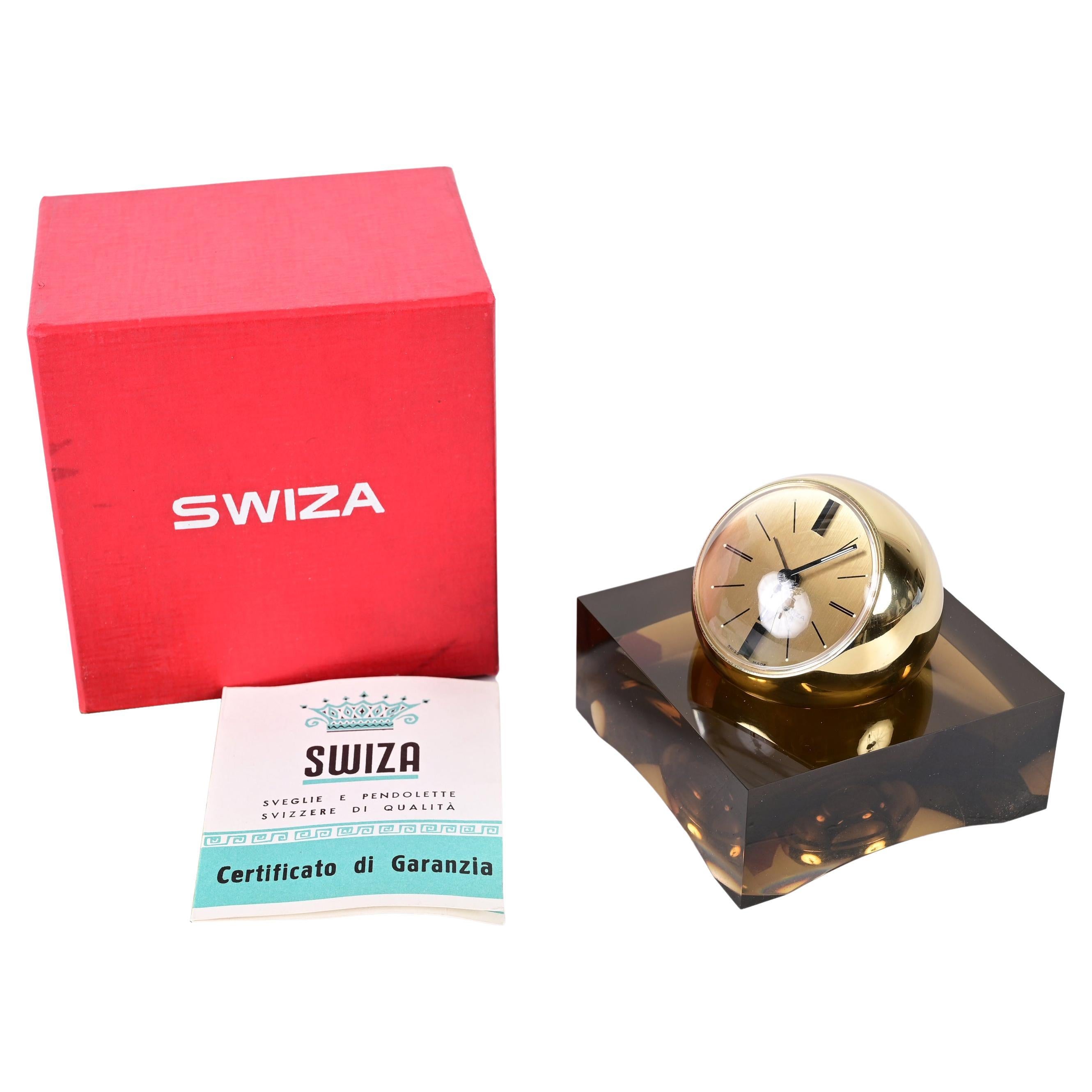 Horloge sphérique Swiza rare de 8 jours dorée avec base en lucite fumée, boîte et garantie