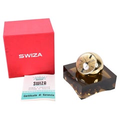 Antique Swiza 8 Day Rare Gilt Sphere Clock with Smoked Lucite Base, Box and Guarantee