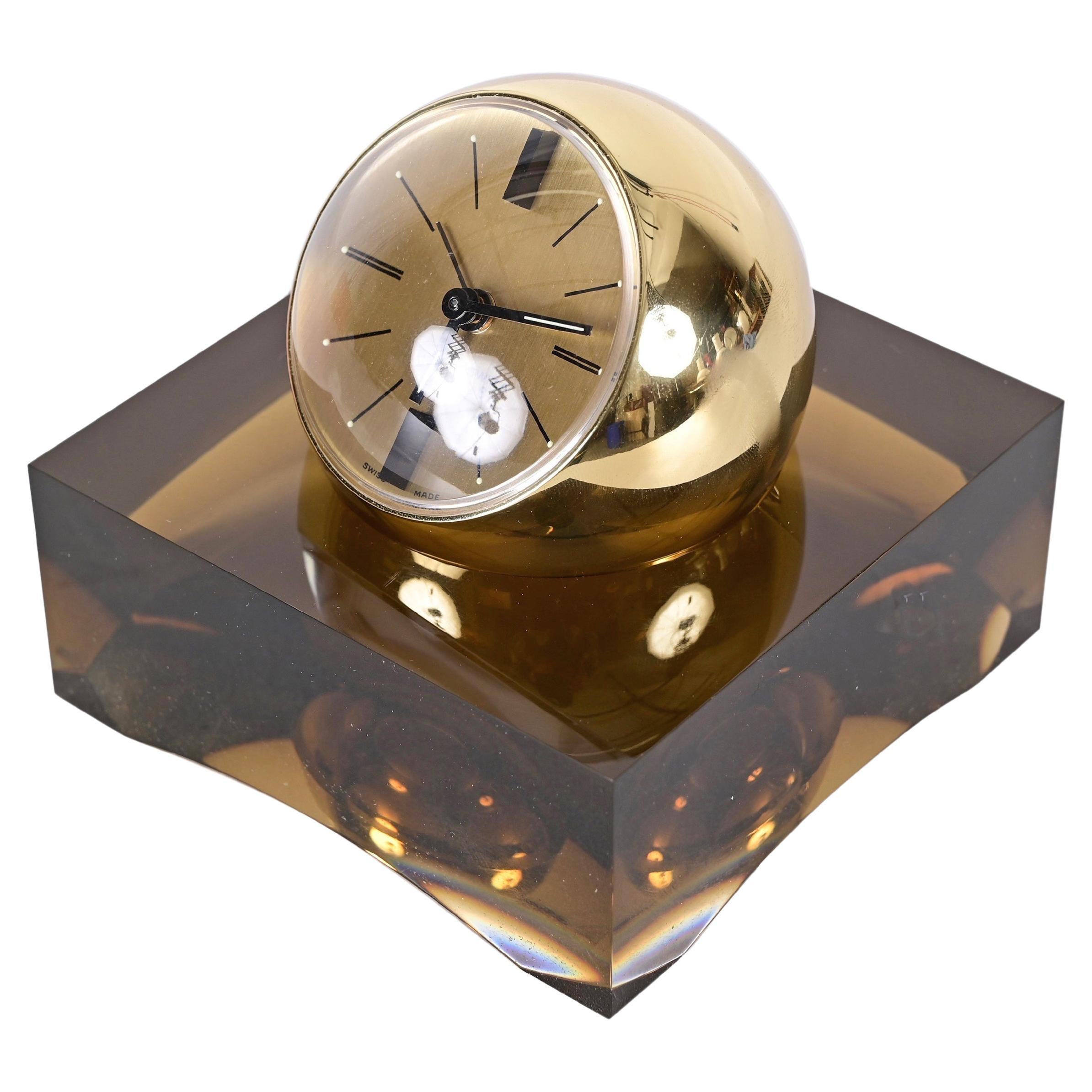 Horloge sphérique Swiza rare de 8 jours dorée avec base en lucite fumée, boîte et garantie en vente